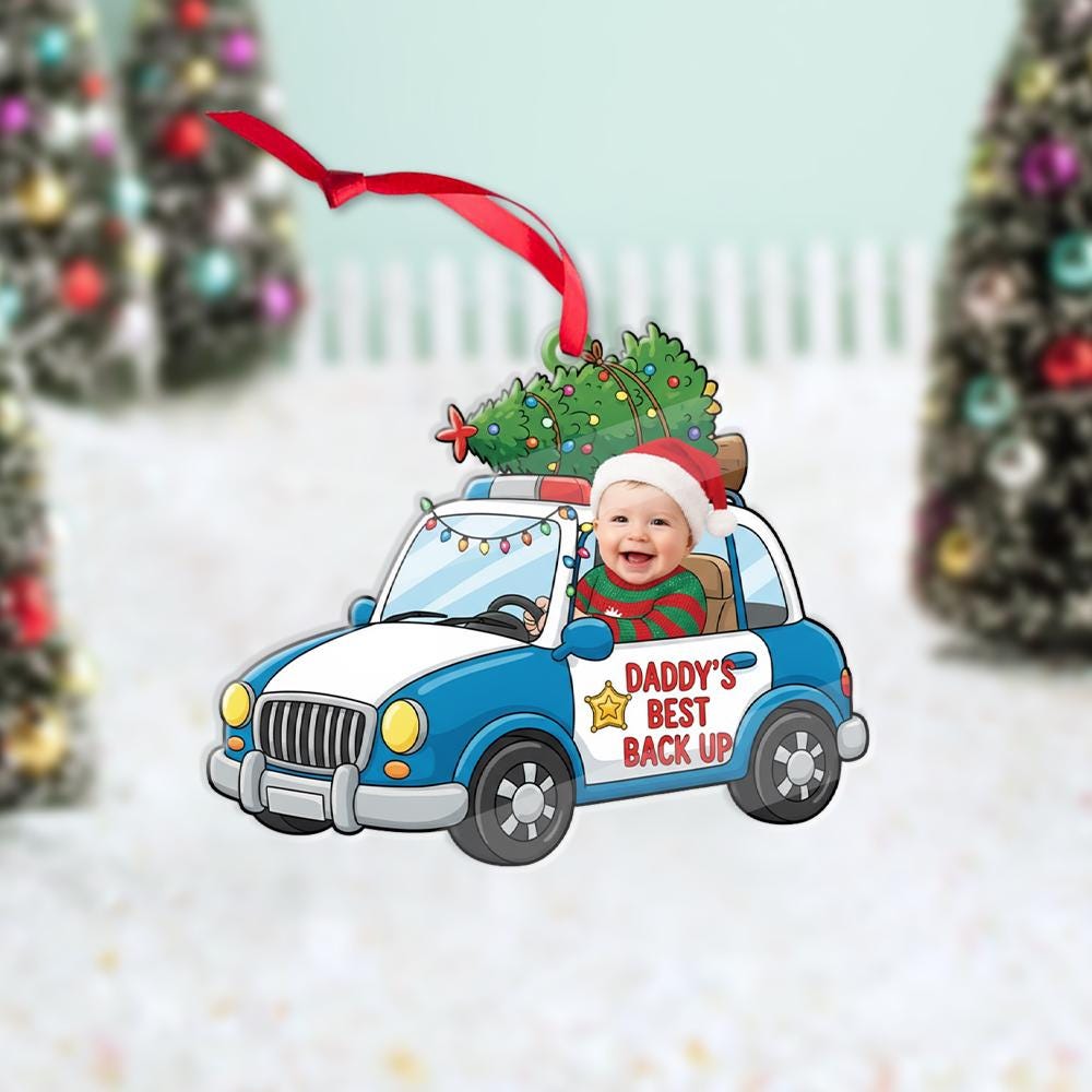 Custom Baby Photo Police Car Ornament | Personalized Christmas Tree Decoration with Child Picture