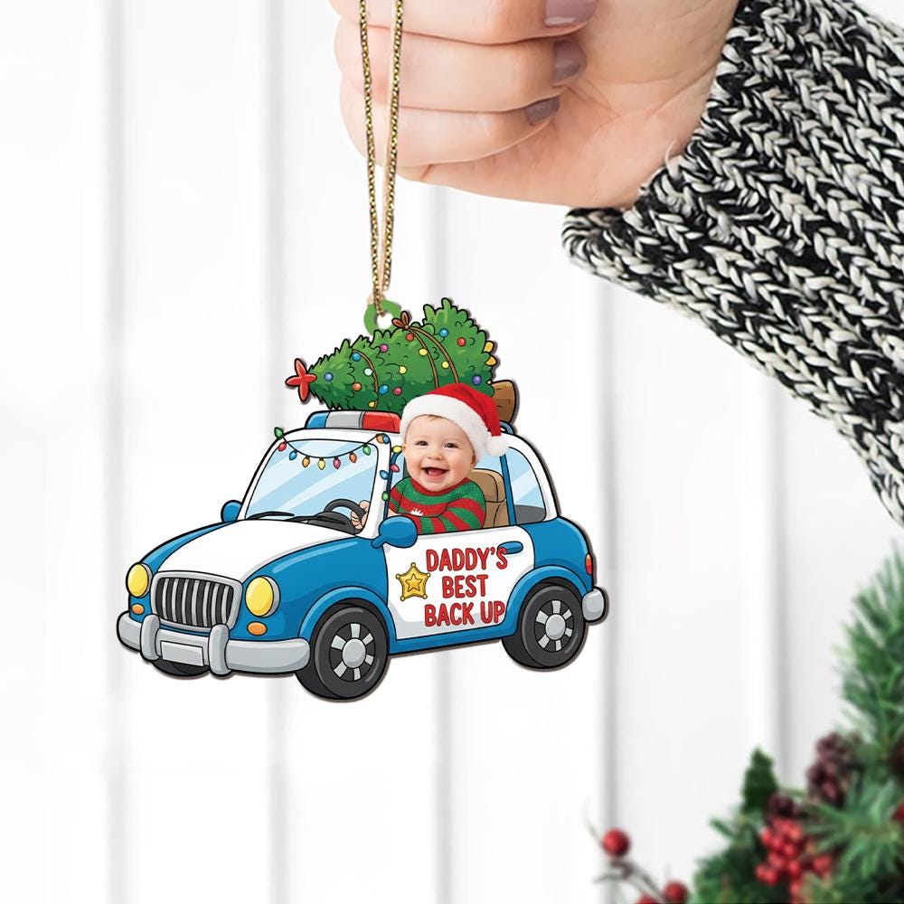 Custom Baby Photo Police Car Ornament | Personalized Christmas Tree Decoration with Child Picture