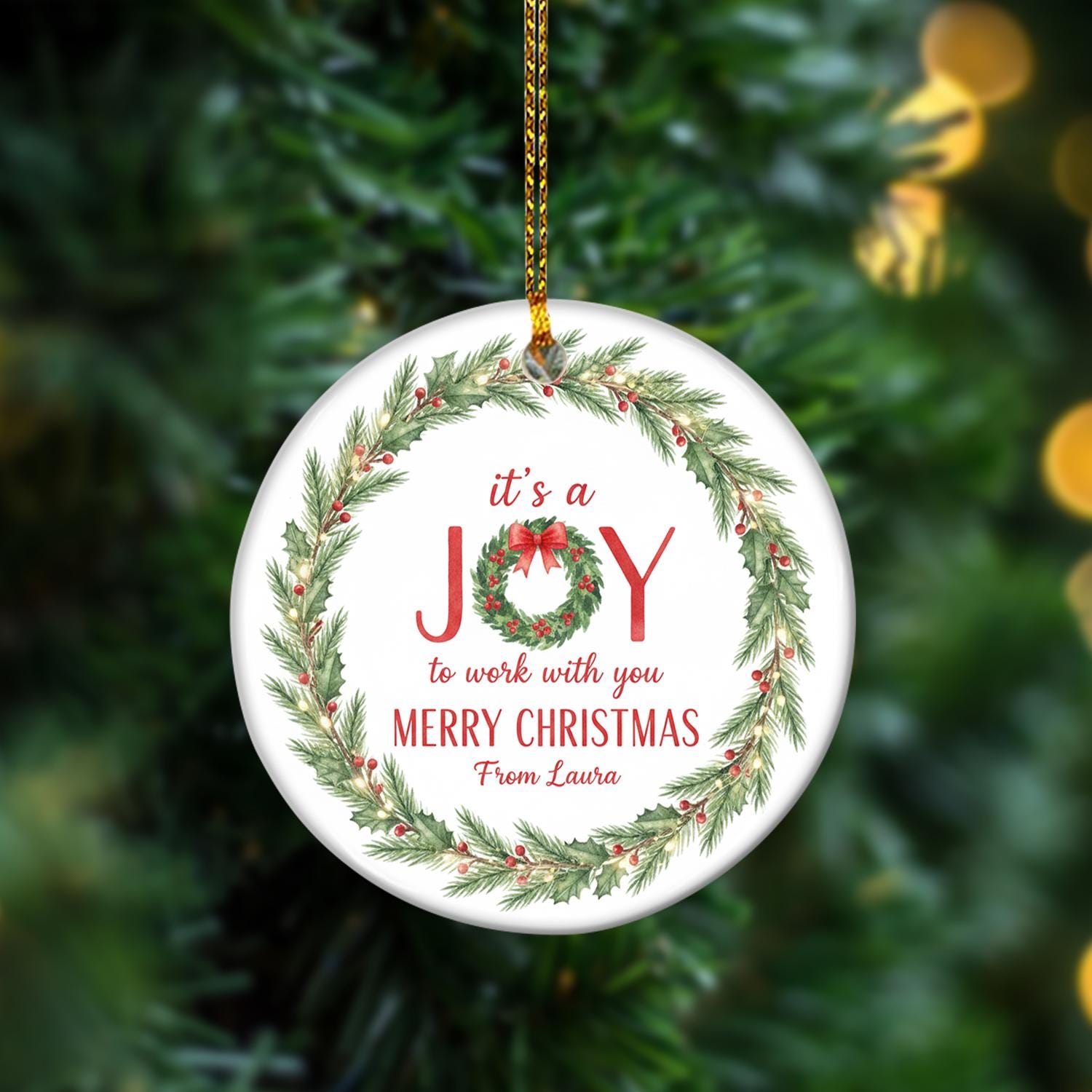 Coworker Ceramic Christmas Ornament | Personalized Round Wreath Holiday Office Decoration