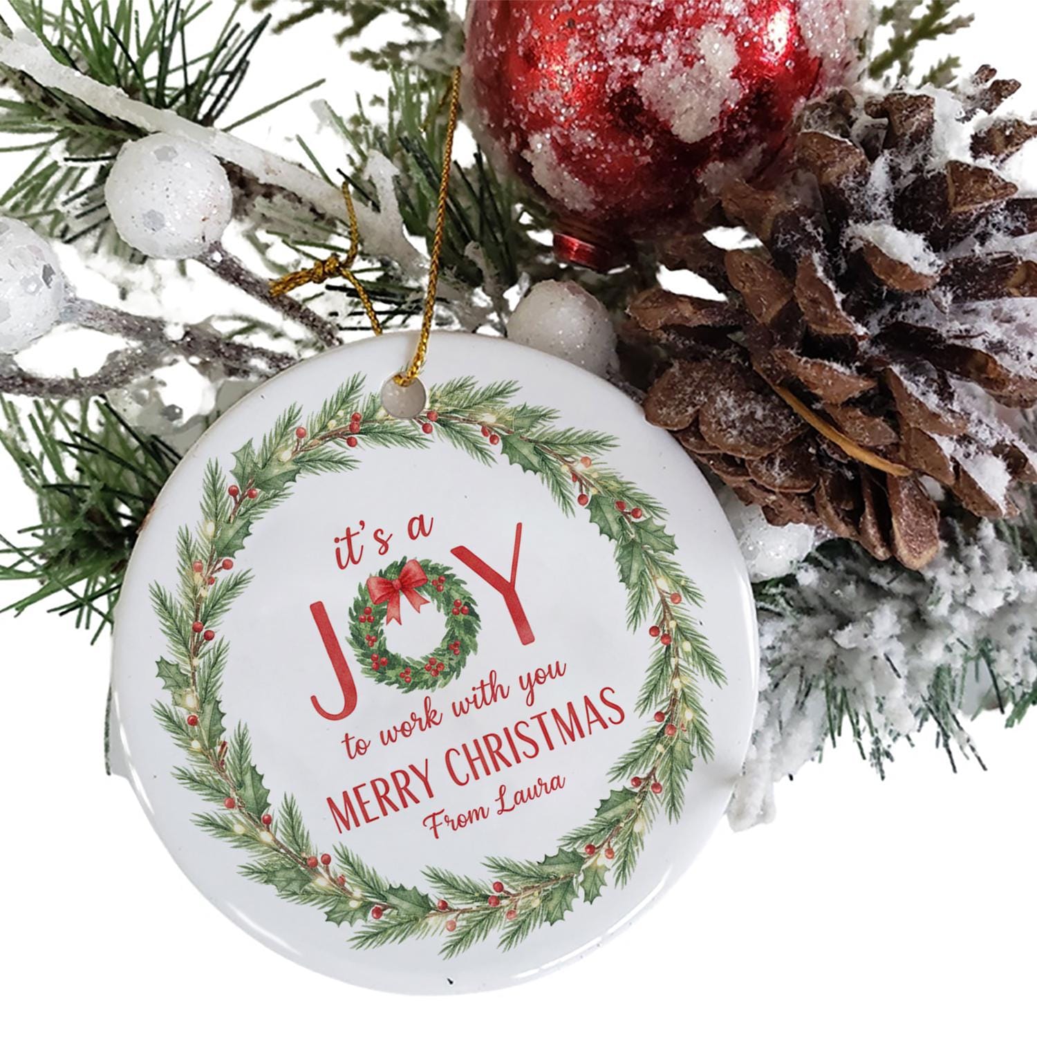 Coworker Ceramic Christmas Ornament | Personalized Round Wreath Holiday Office Decoration
