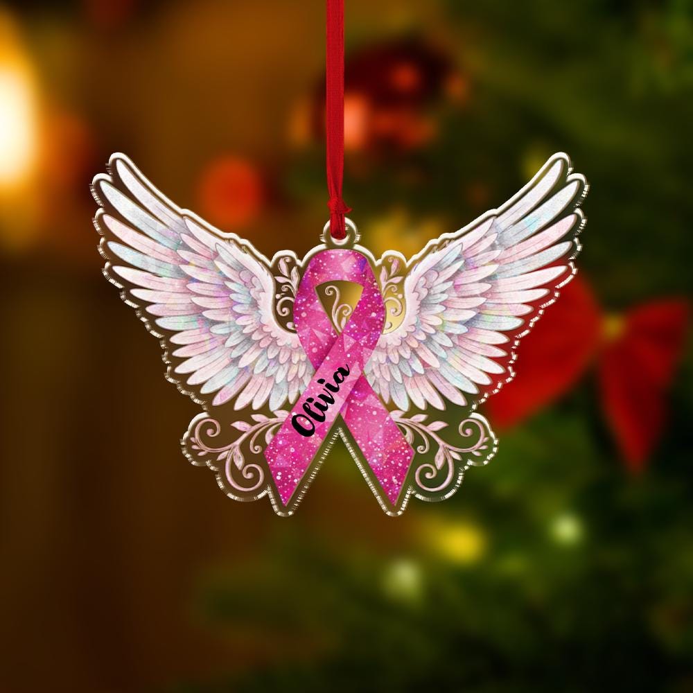 Custom Breast Cancer Ribbon Ornament with Angel Wings and Name | Personalized Awareness Christmas Decoration
