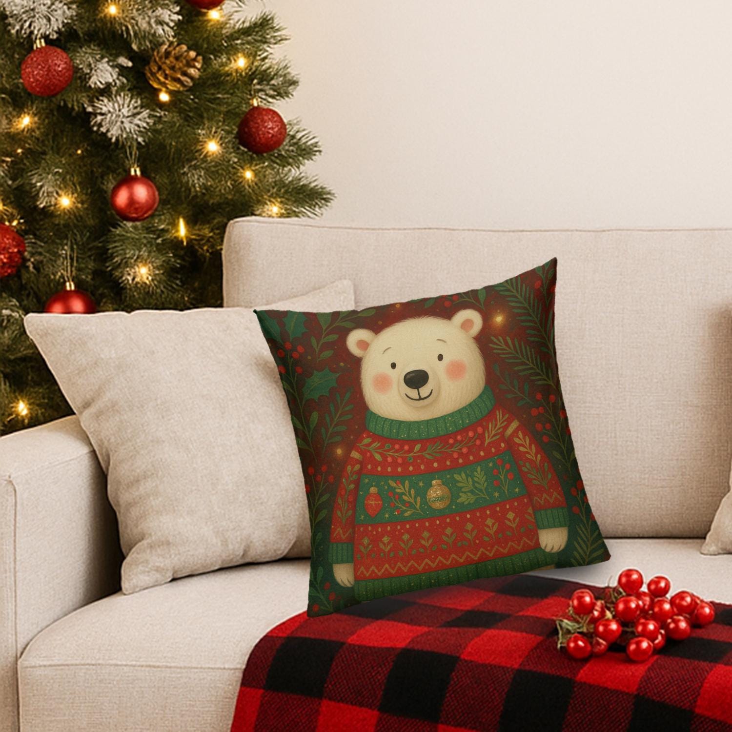 Christmas Pillow Cover: Polar Bear & Santa Holiday Cushion