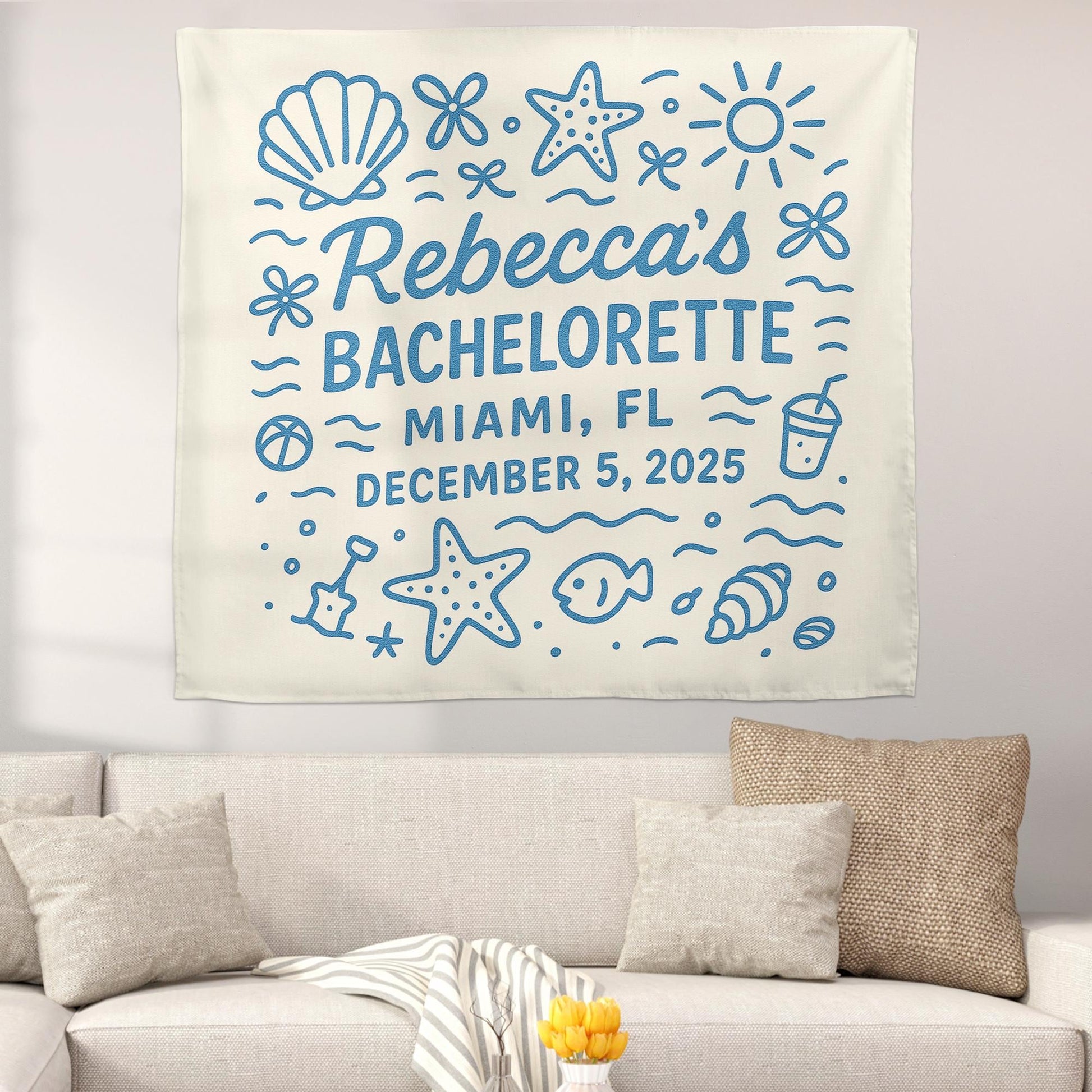 Custom Bachelorette Beach Wedding Party Tapestry | Personalized Beach Theme Wall Hanging