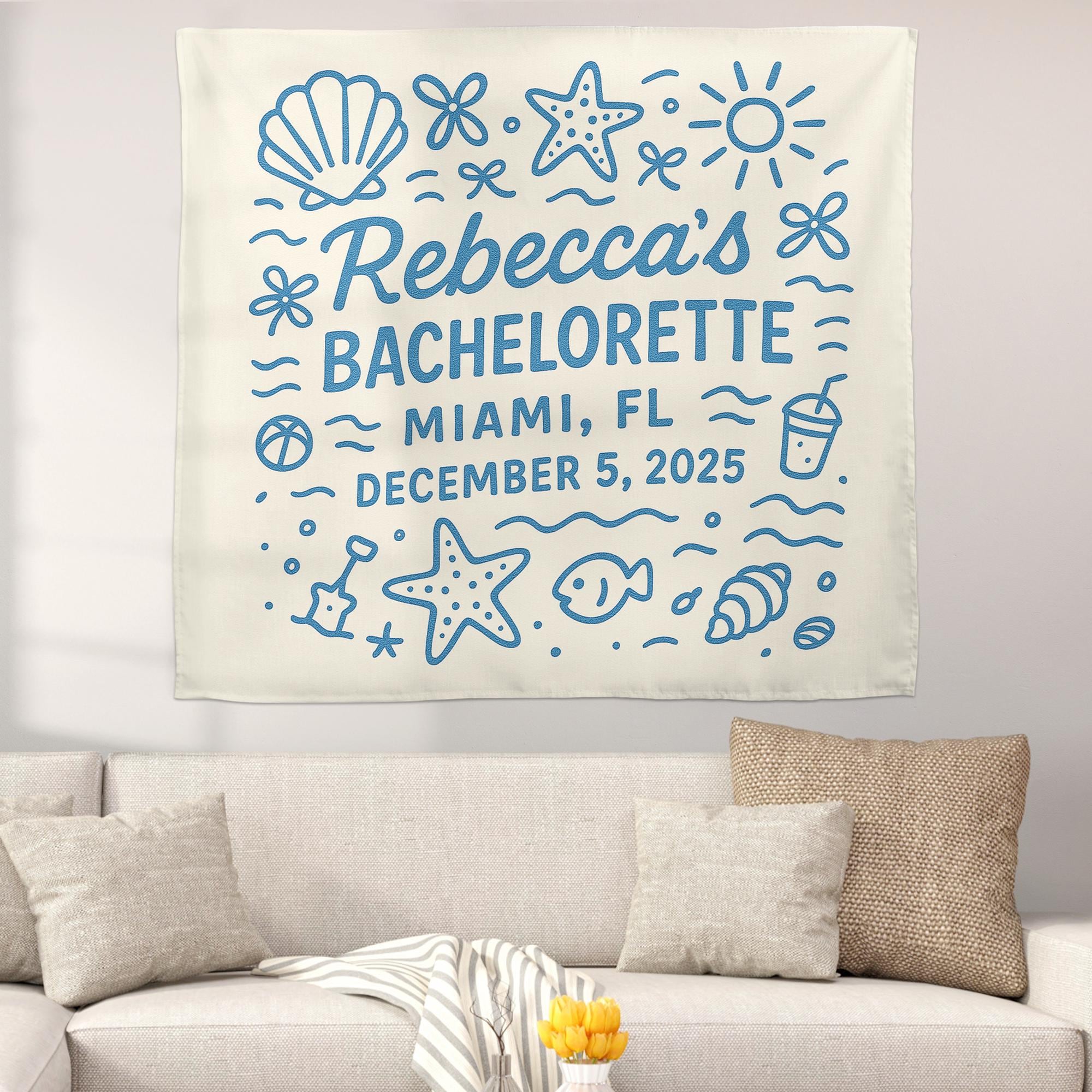 Custom Bachelorette Beach Wedding Party Tapestry | Personalized Beach Theme Wall Hanging