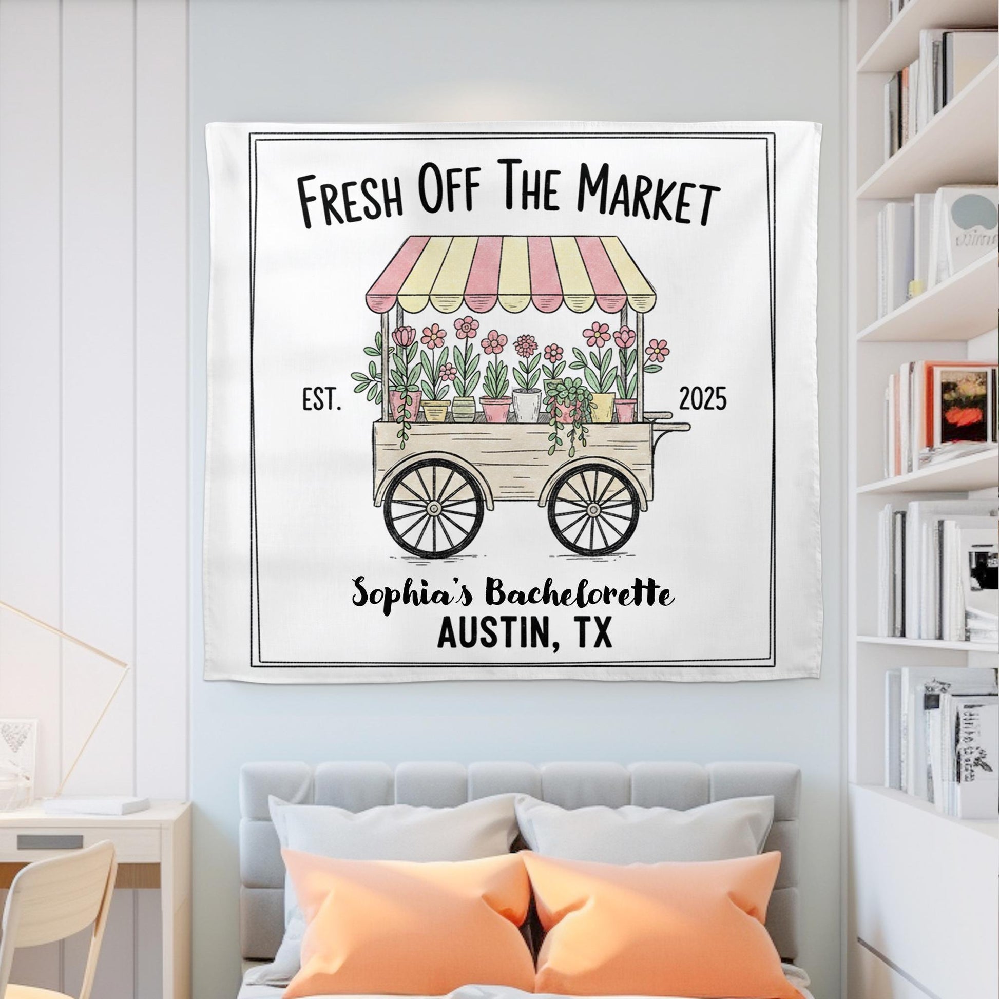 Custom Bachelorette Tapestry with Name and Location | Fresh Off The Market Party Wall Hanging Decoration