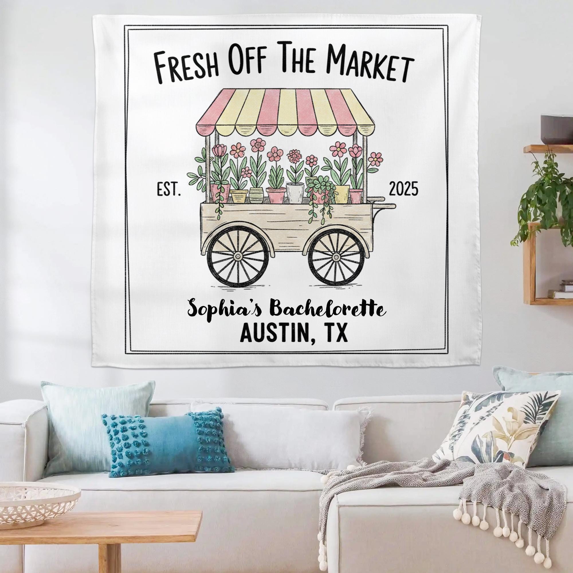 Custom Bachelorette Tapestry with Name and Location | Fresh Off The Market Party Wall Hanging Decoration