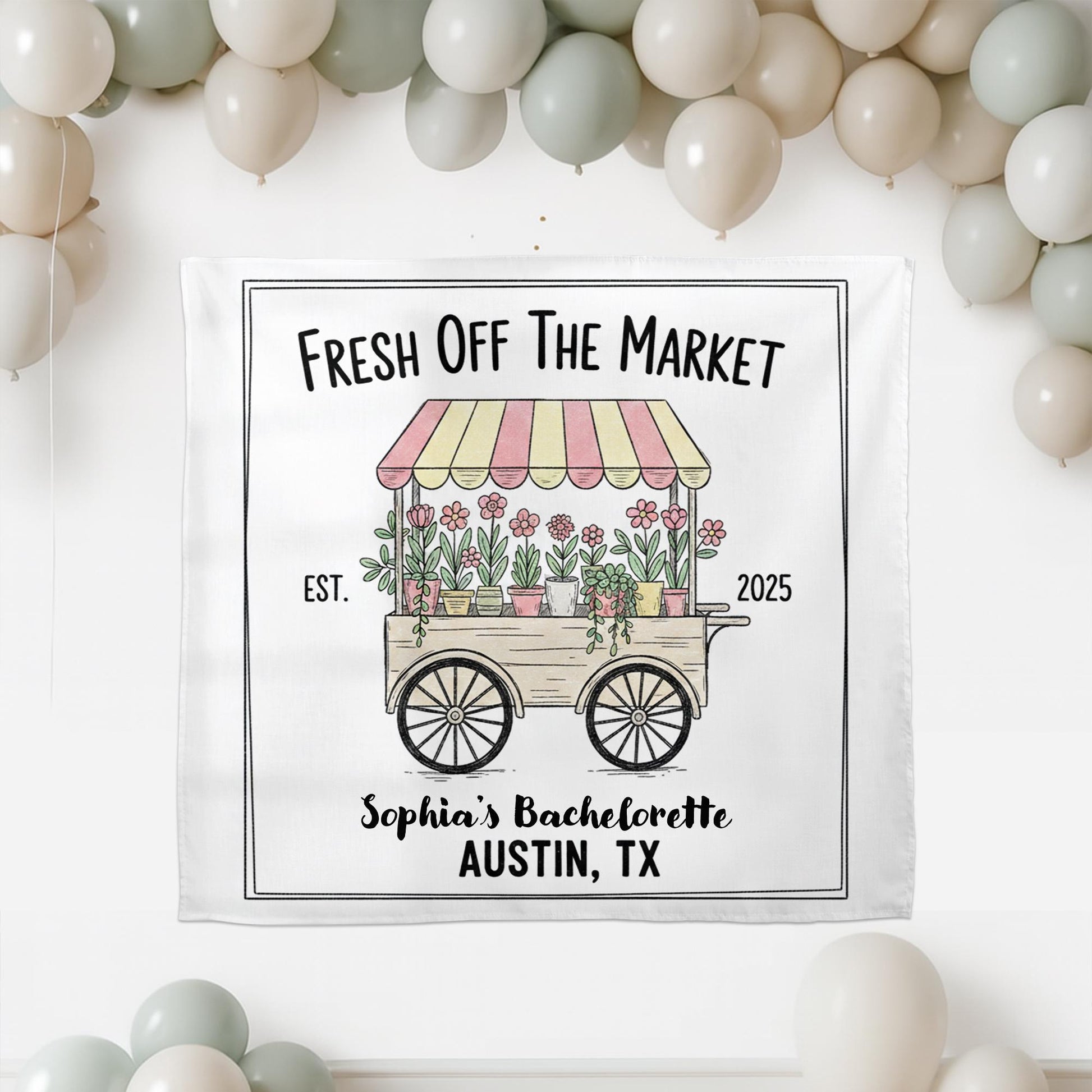 Custom Bachelorette Tapestry with Name and Location | Fresh Off The Market Party Wall Hanging Decoration