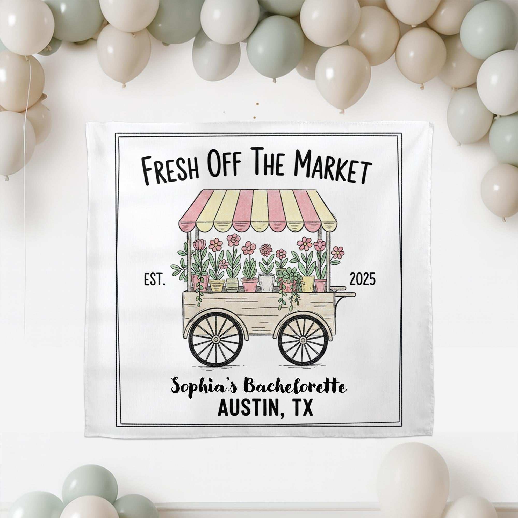 Custom Bachelorette Tapestry with Name and Location | Fresh Off The Market Party Wall Hanging Decoration