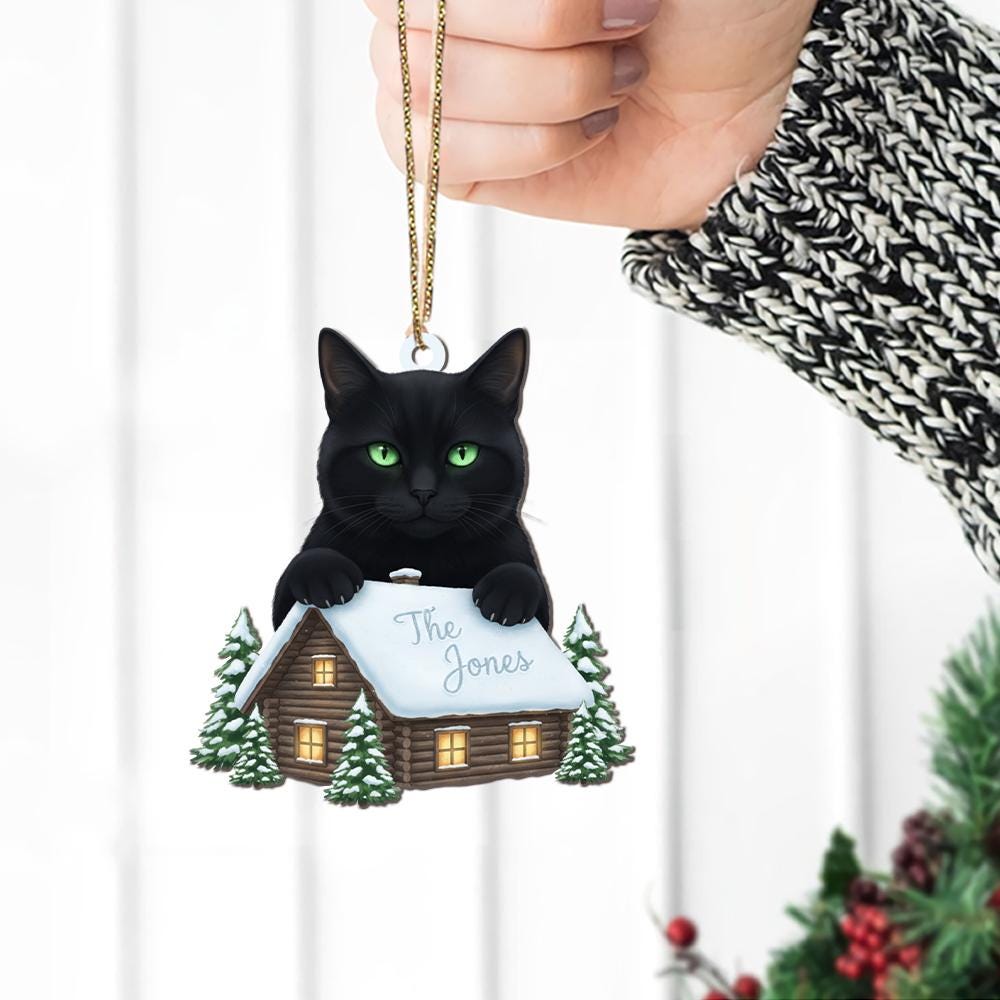 Custom Black Cat Ornament – Personalized Cabin Decoration – Yule Cat Jólakötturinn Folklore