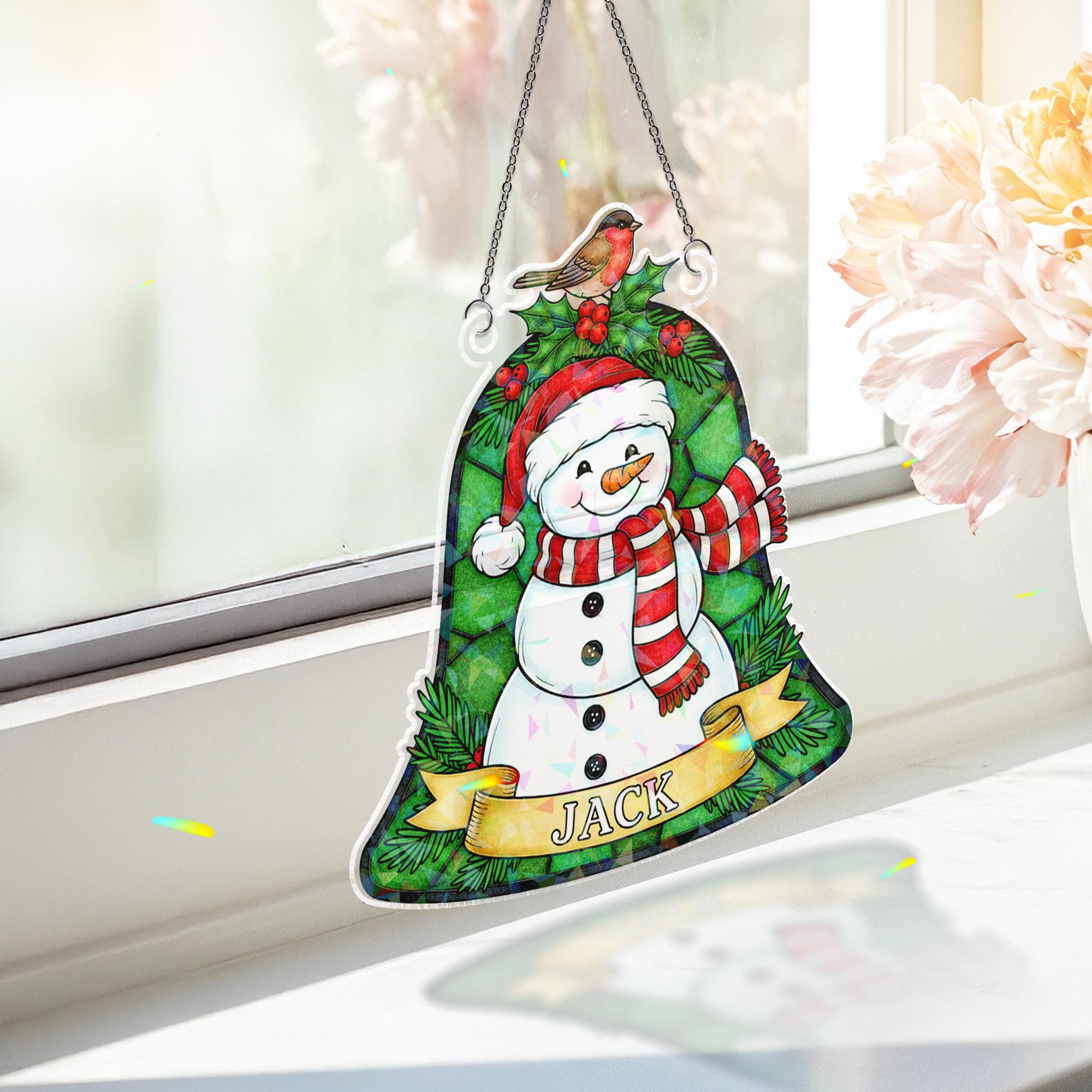 Personalized Snowman Bell Acrylic Window Hanging: Hologram Christmas Decoration