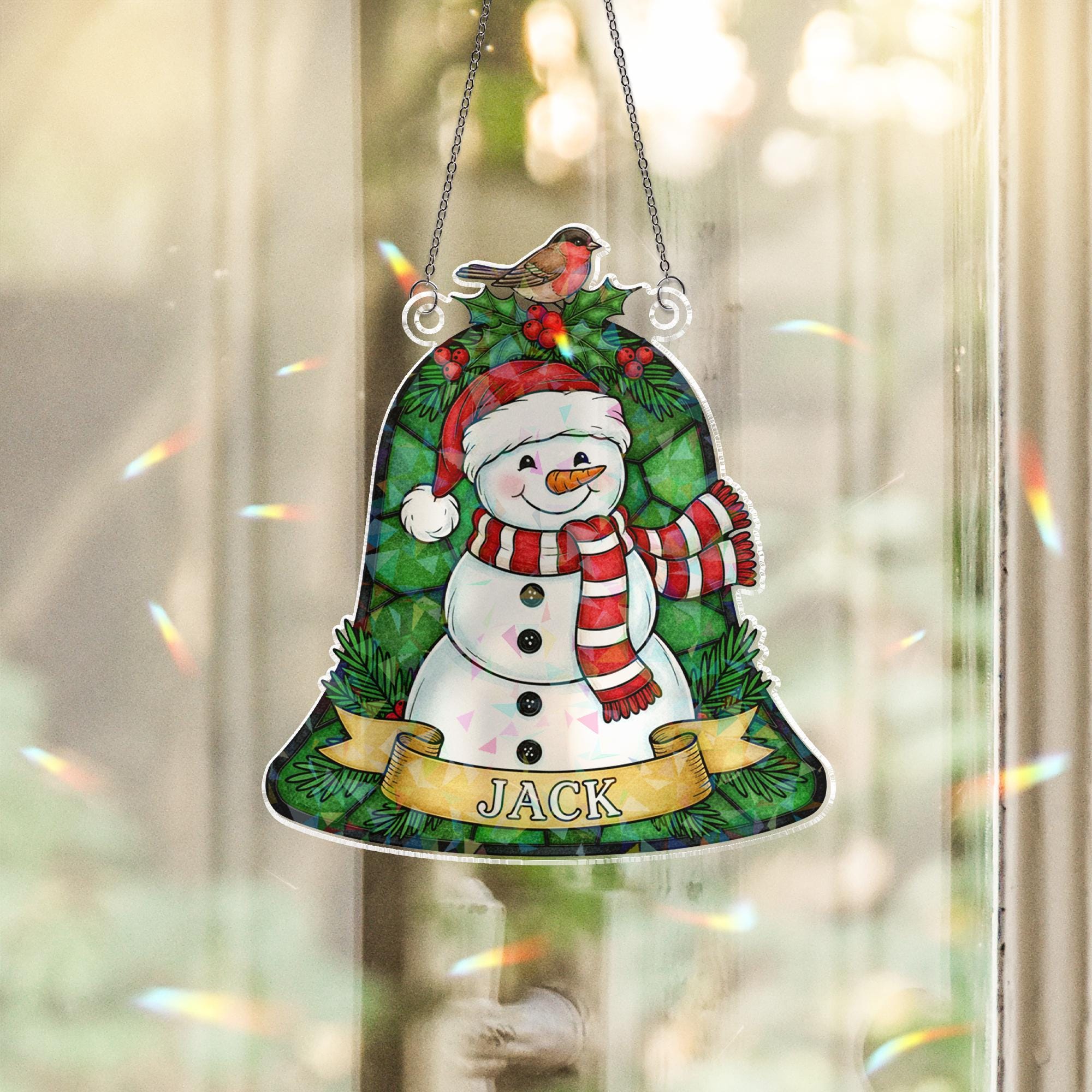 Personalized Snowman Bell Acrylic Window Hanging: Hologram Christmas Decoration