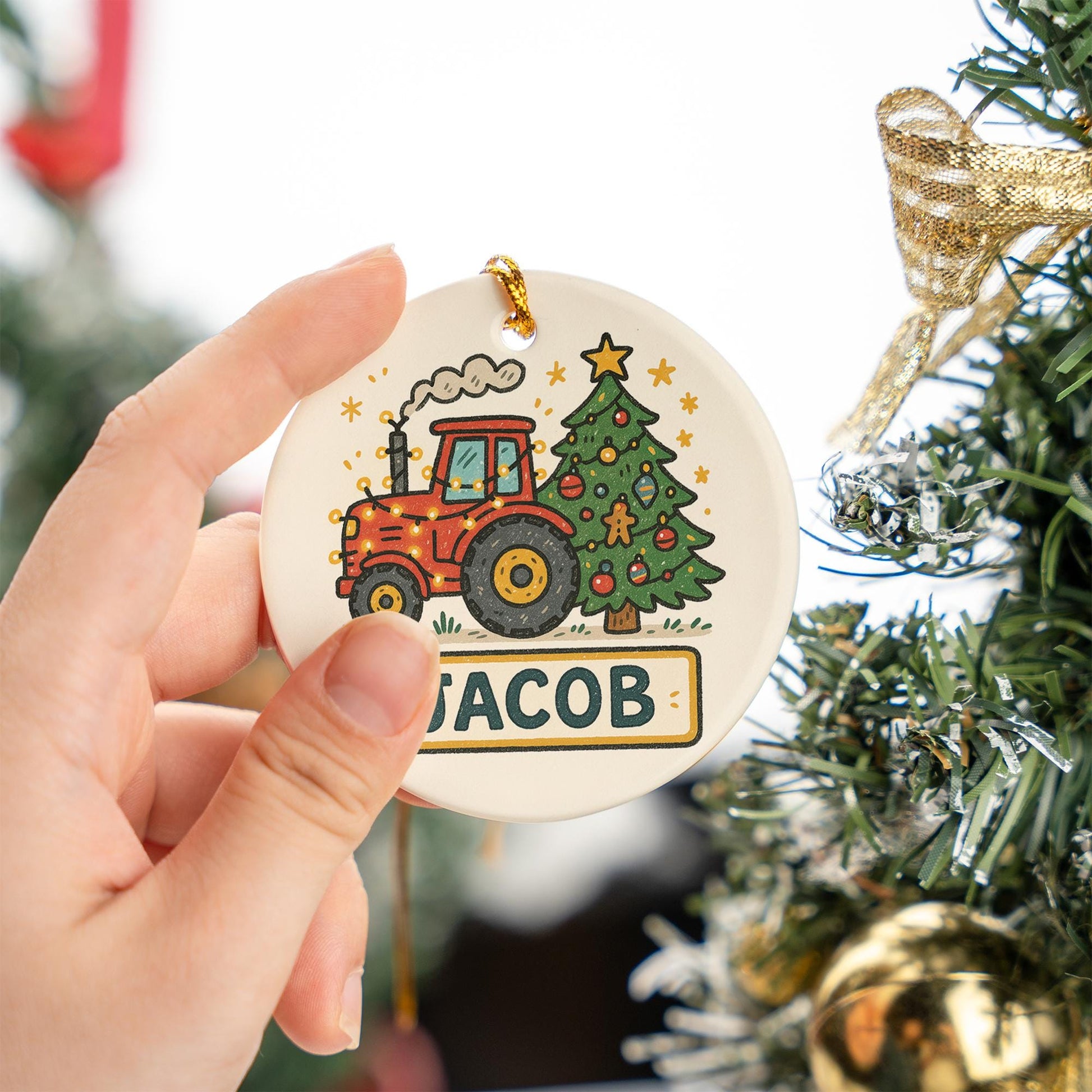 Personalized Baby Tractor Christmas Ornament - Custom Name Farm Boy Gift