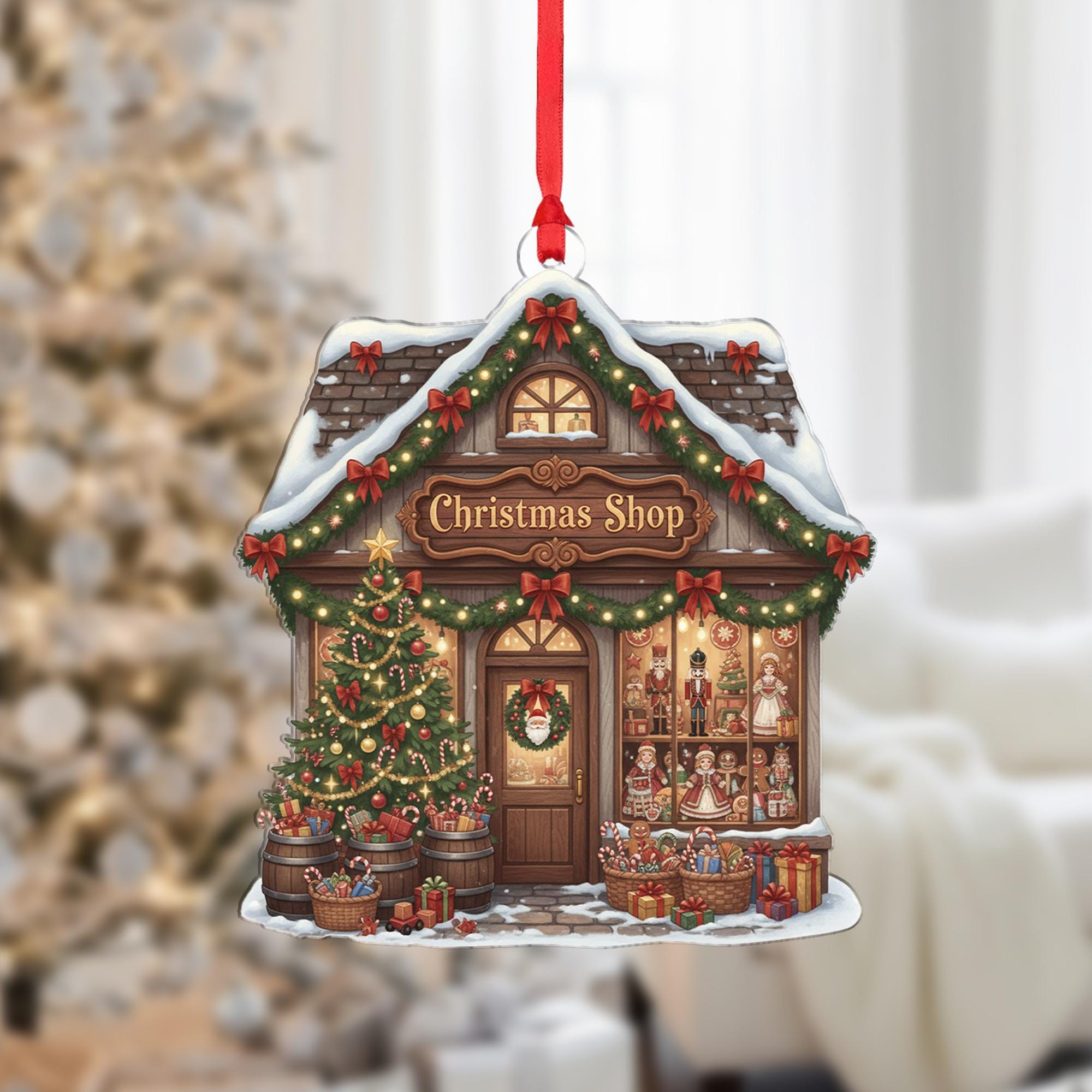 Custom Christmas Shop Ornament - Cozy Village Toy Store Holiday Keepsake Gift