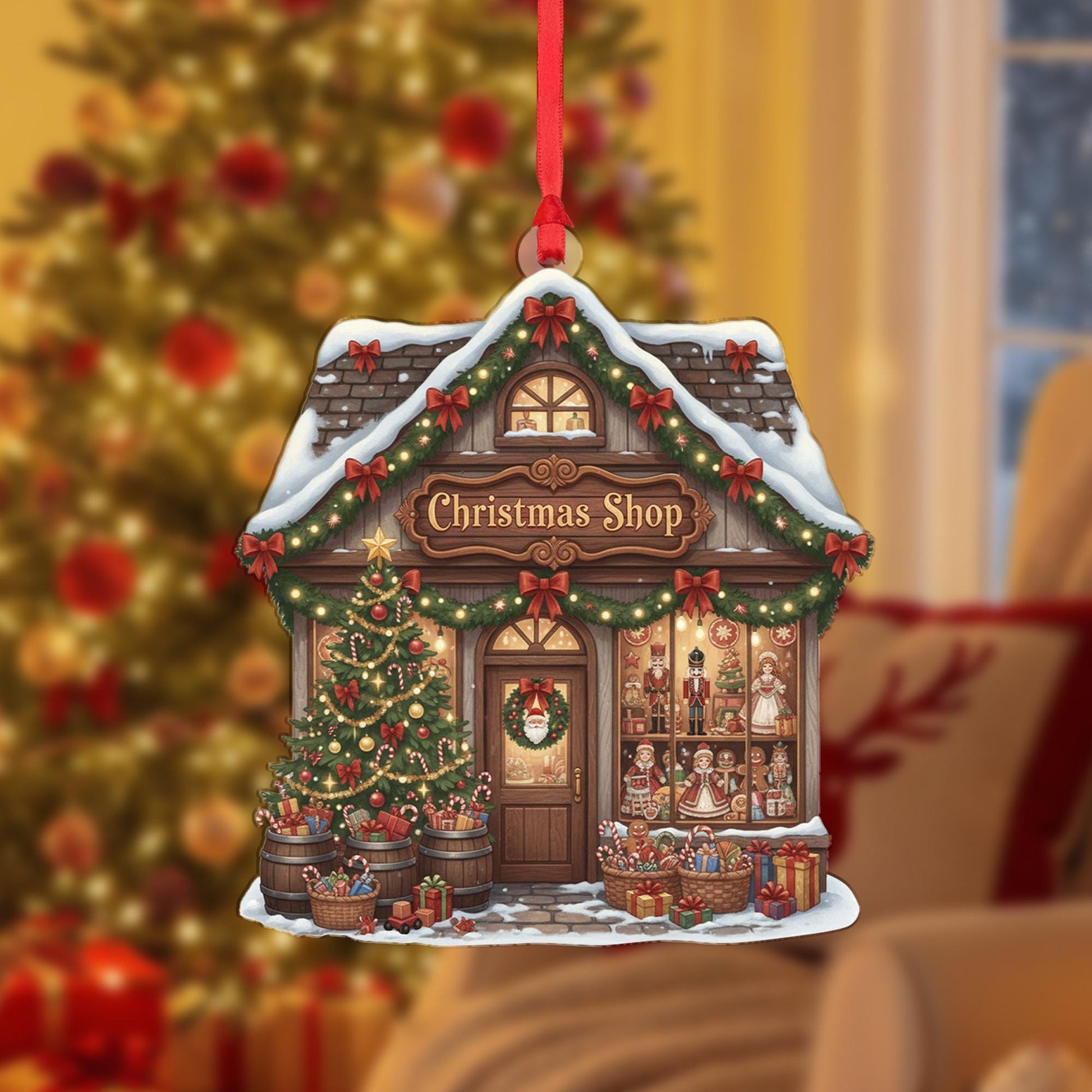 Custom Christmas Shop Ornament - Cozy Village Toy Store Holiday Keepsake Gift