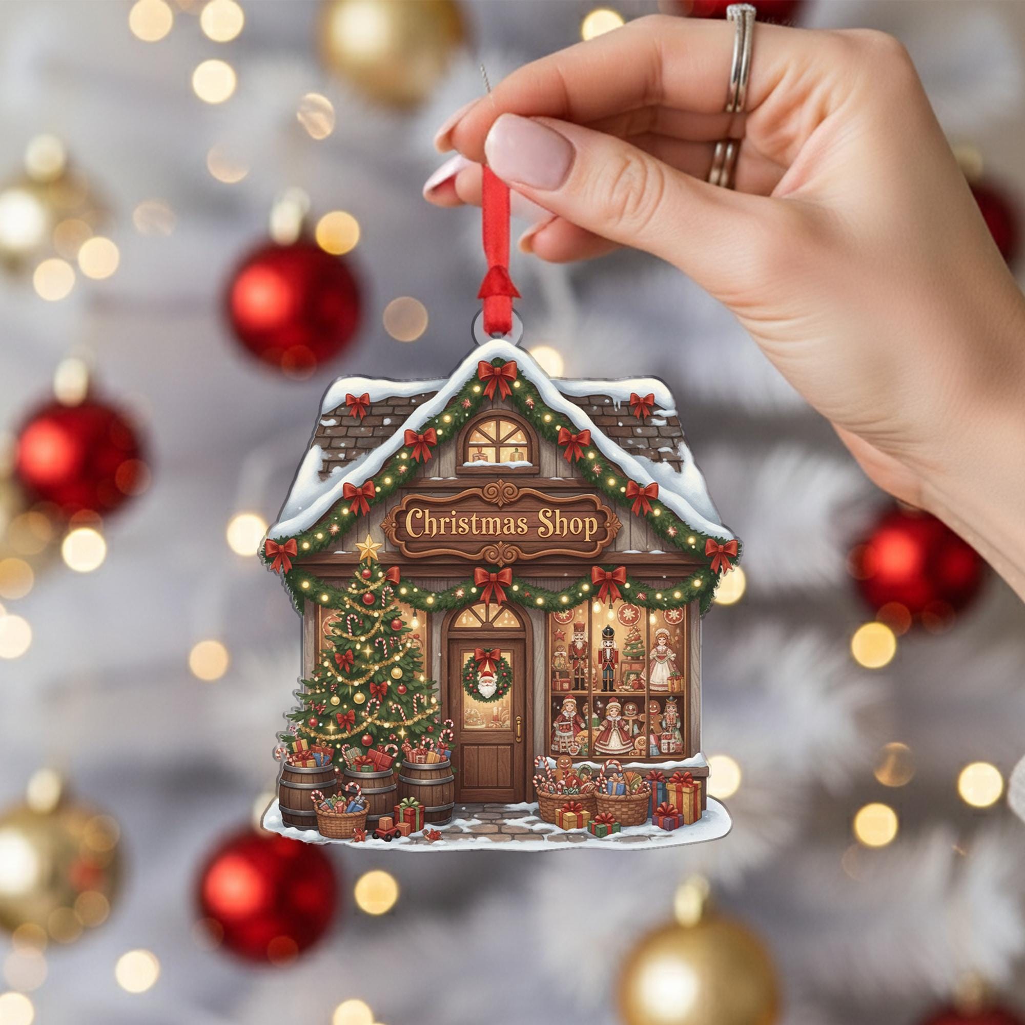 Custom Christmas Shop Ornament - Cozy Village Toy Store Holiday Keepsake Gift