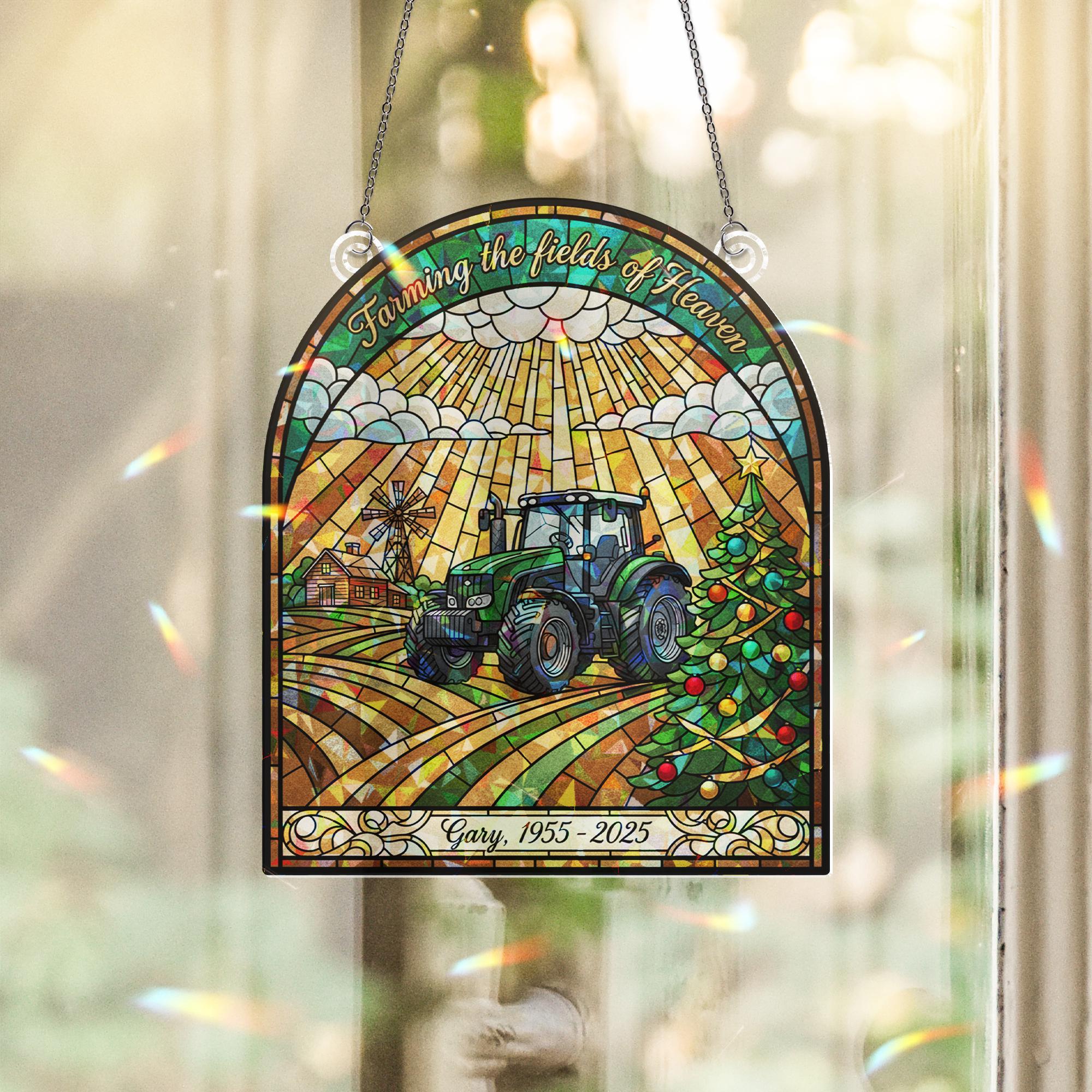 Personalized Stained Glass Effect Farmer Memorial Window Hanging; Green Tractor