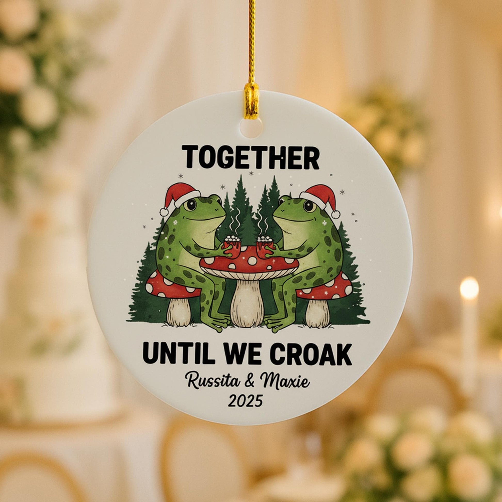 Personalized Couple Frog Ornament – Ceramic Christmas Decoration with Santa Hats, Together Until We Croak Design