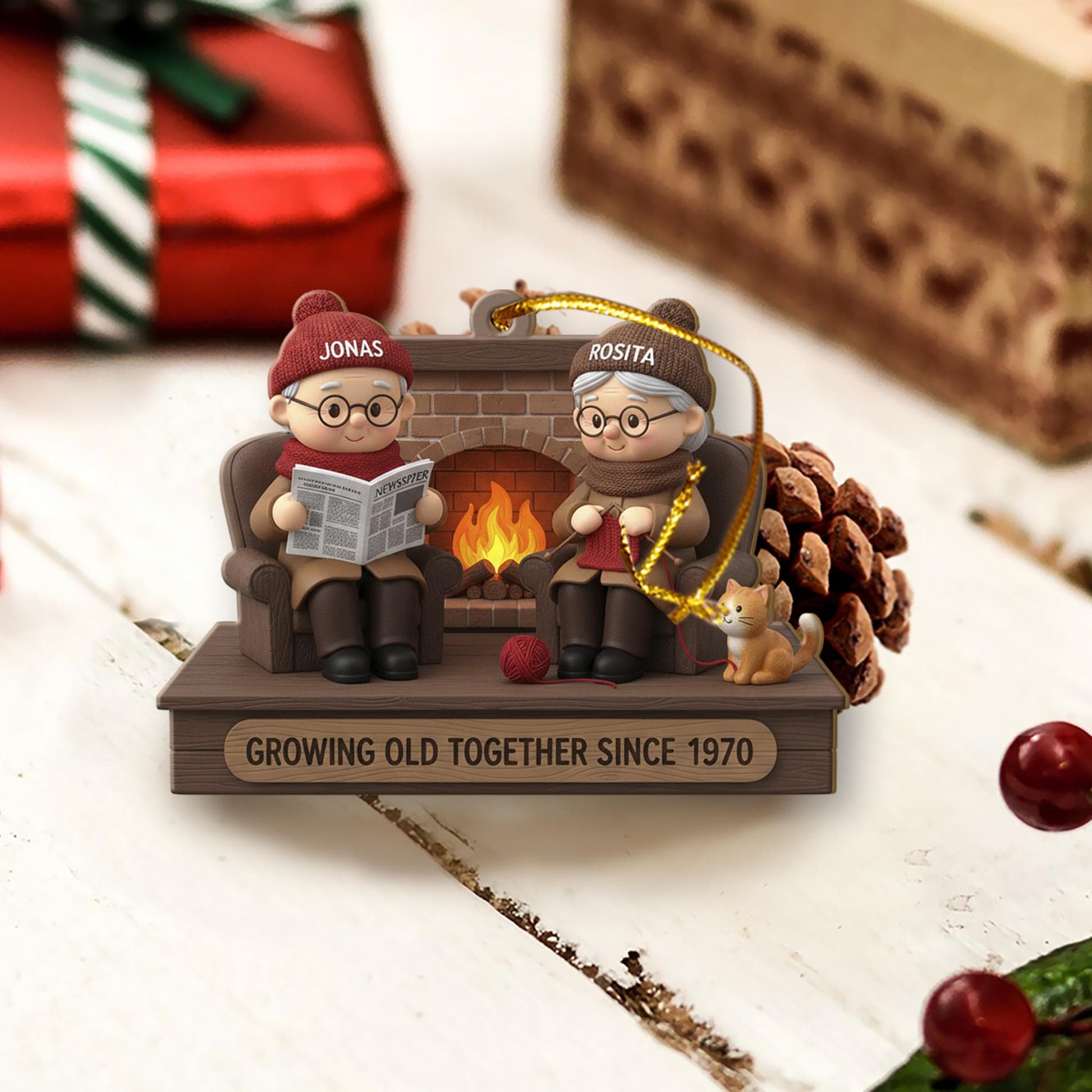 Personalized Couple Ornament – Fireplace Decoration with Growing Old Together Design, Custom Names and Year