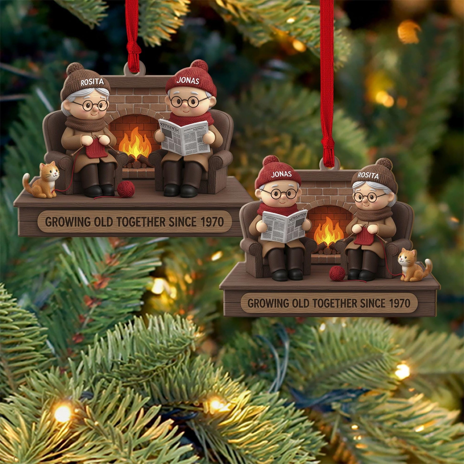 Personalized Couple Ornament – Fireplace Decoration with Growing Old Together Design, Custom Names and Year