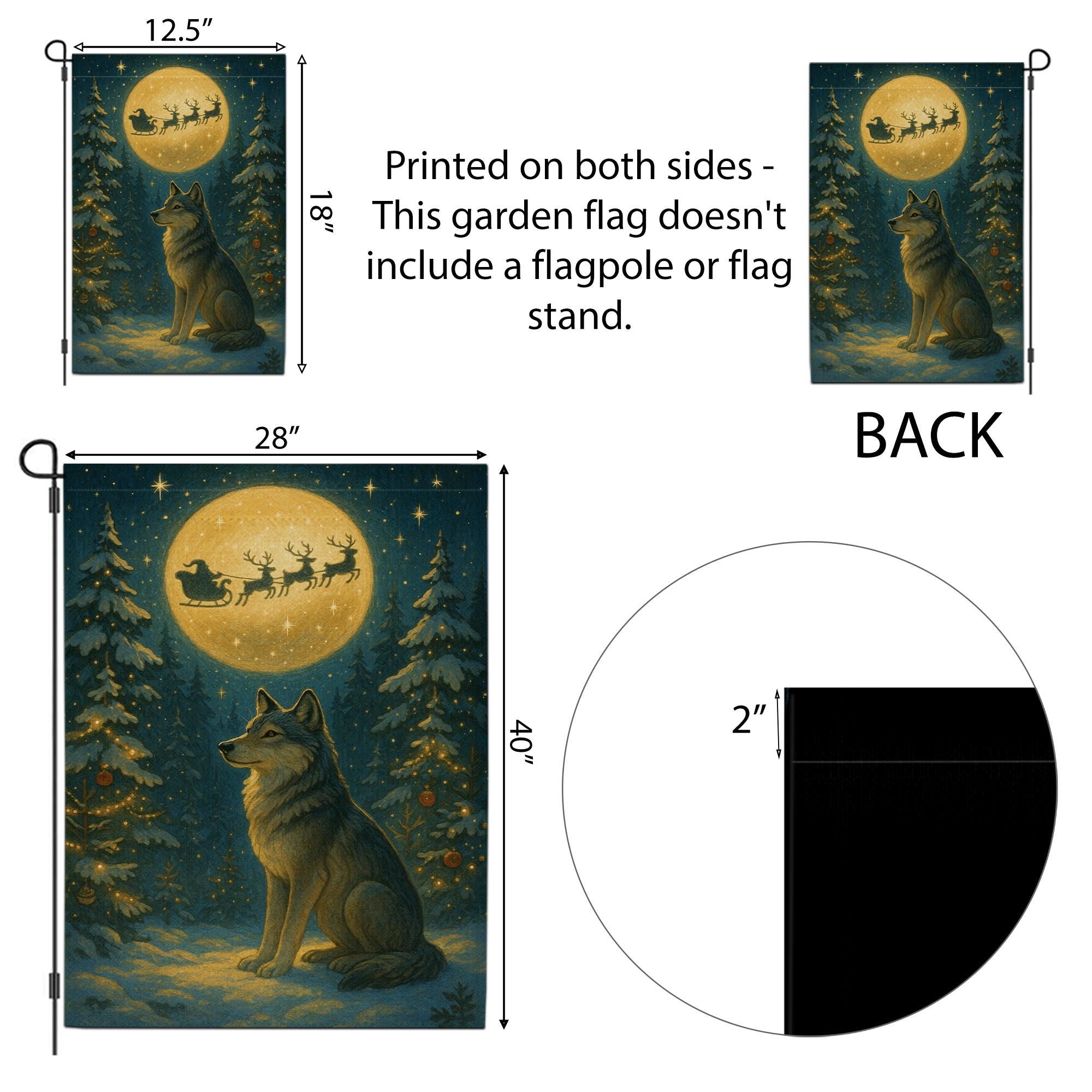 Christmas Wolf Garden Flag – Outdoor Yard Banner with Full Moon and Santa Sleigh Design