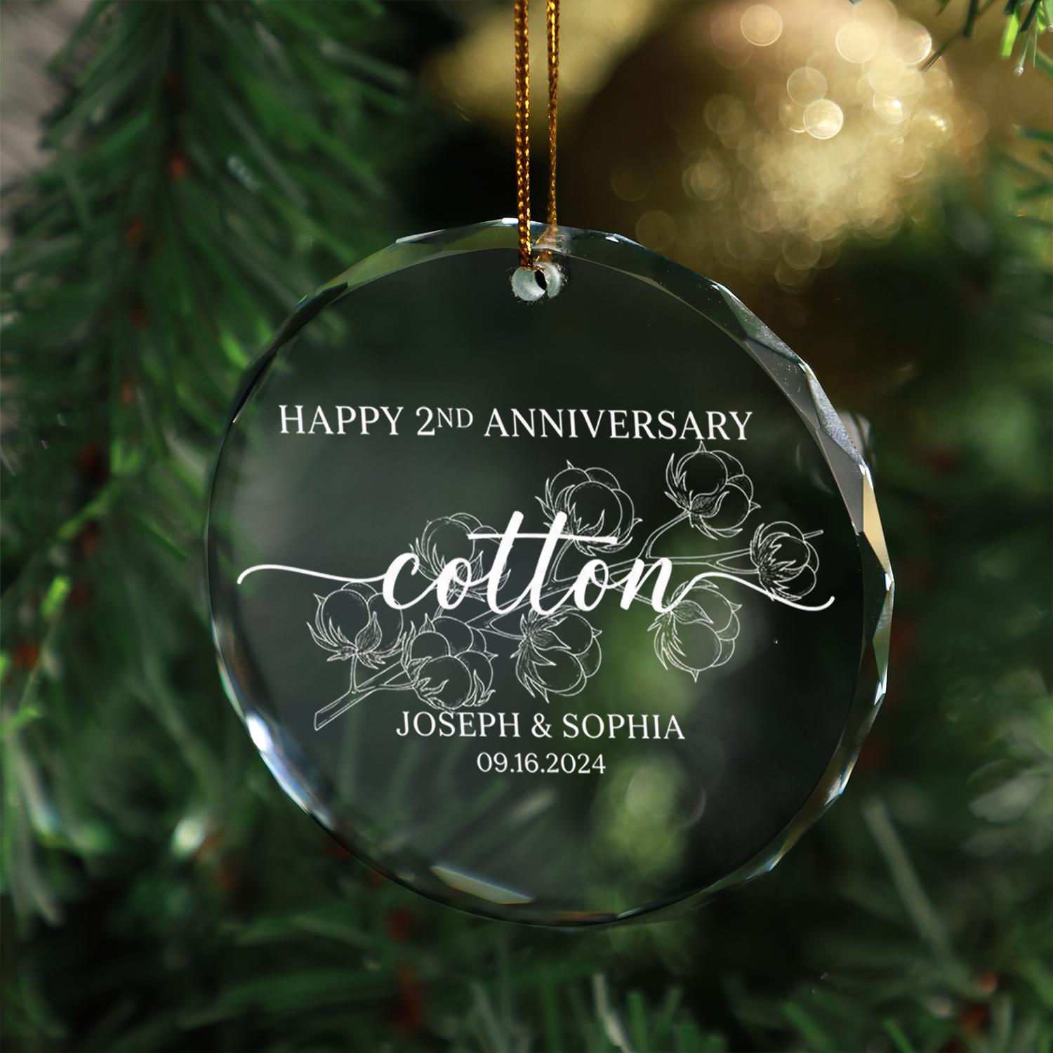 Personalized Cotton Anniversary Glass Ornament — Custom Names & Date — Clear Round Keepsake