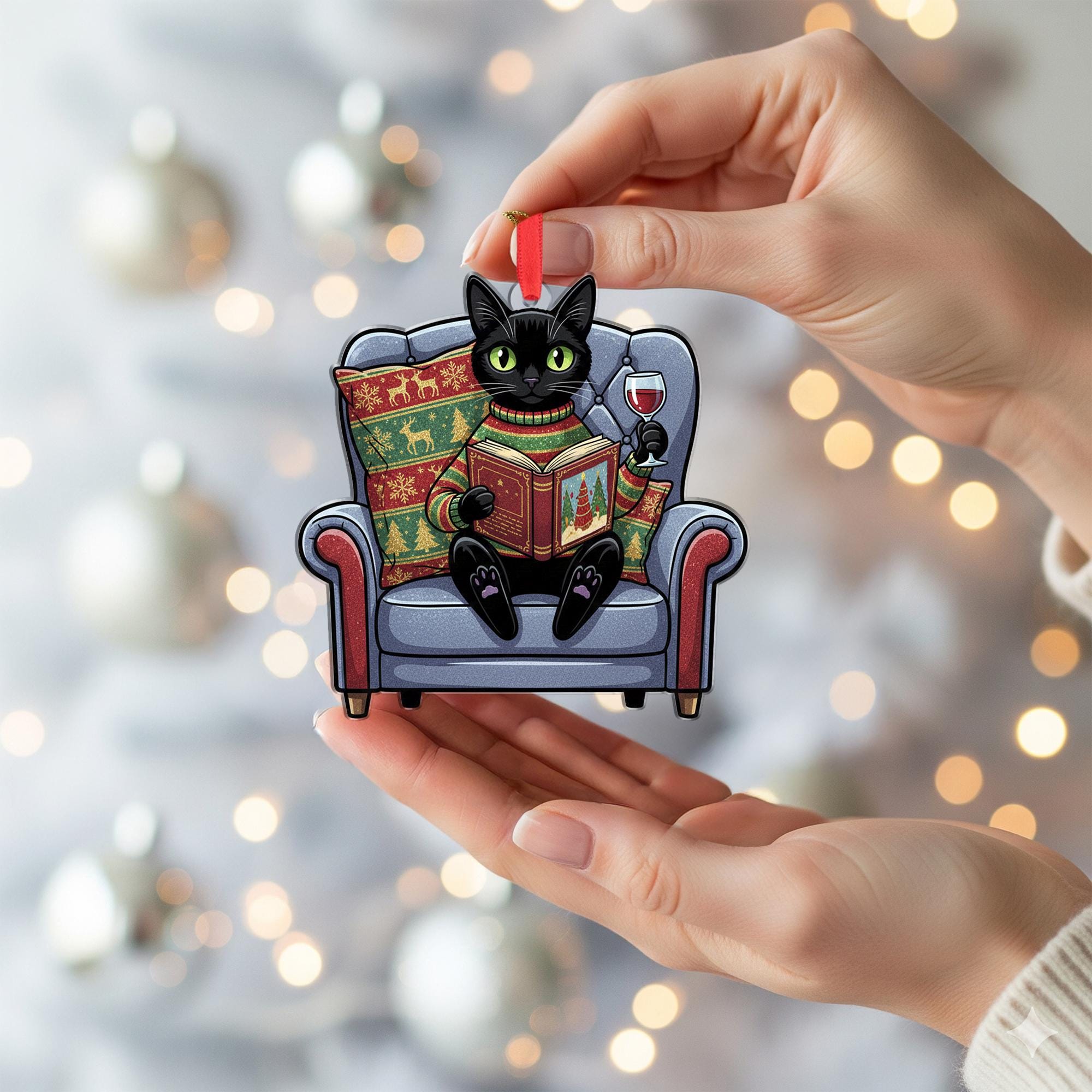 Custom Cat Christmas Ornament: Black Cat Reading Wine