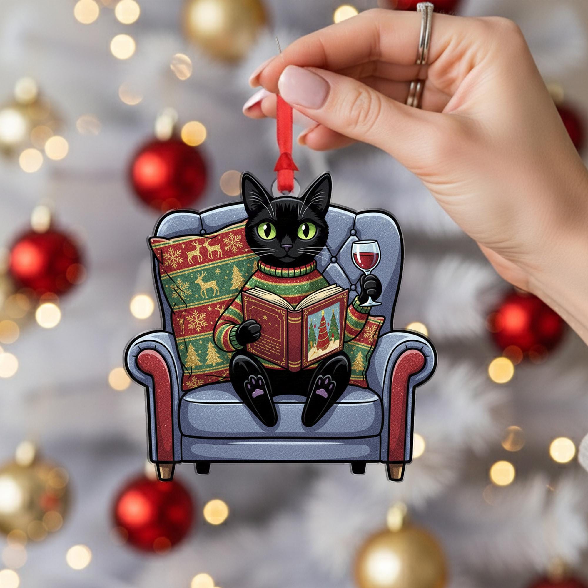 Custom Cat Christmas Ornament: Black Cat Reading Wine