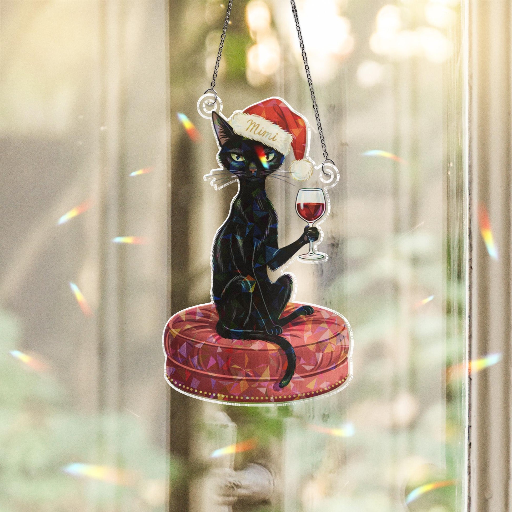 Custom Black Cat Acrylic Hologram Window Hanging: Shimmering Sun Catcher