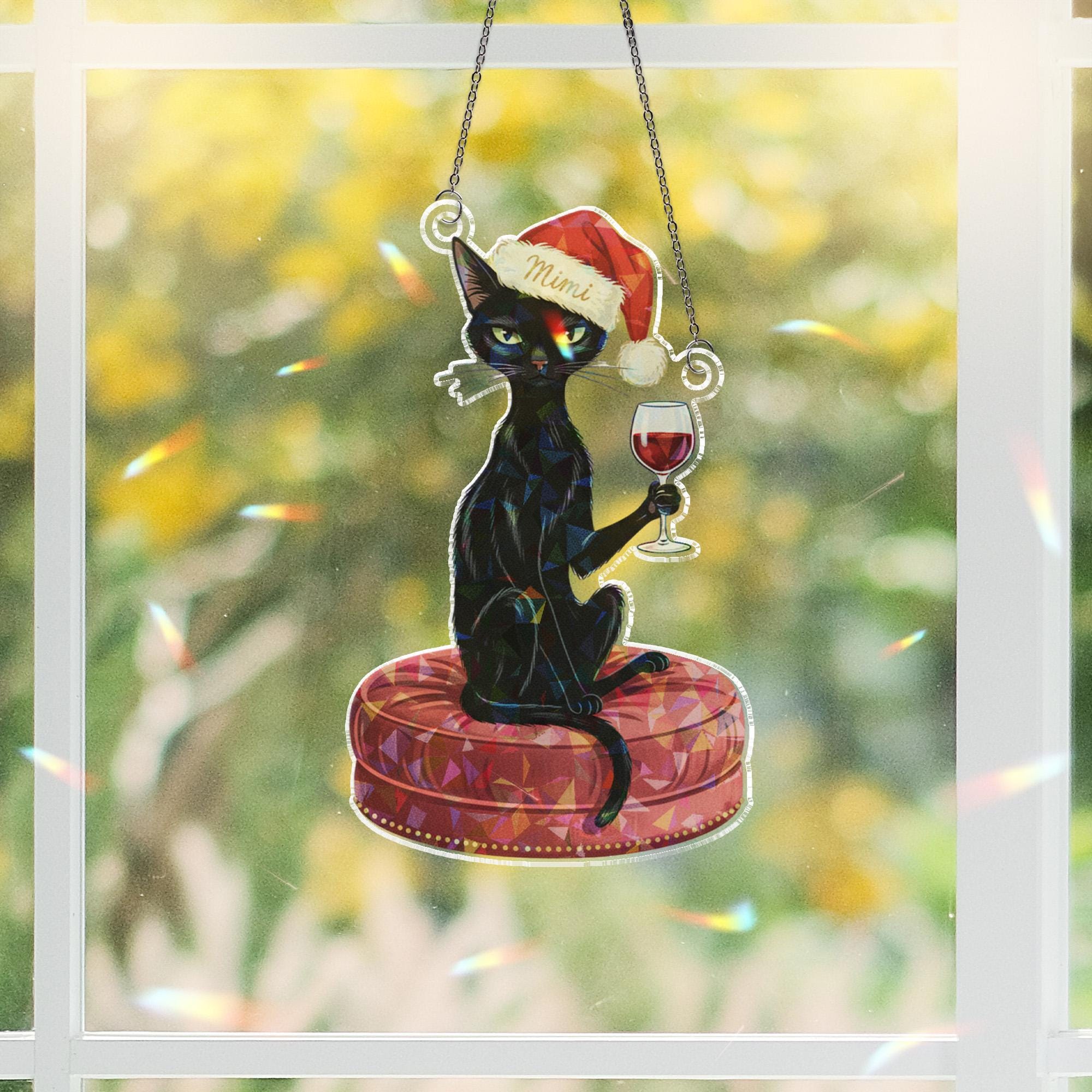 Custom Black Cat Acrylic Hologram Window Hanging: Shimmering Sun Catcher