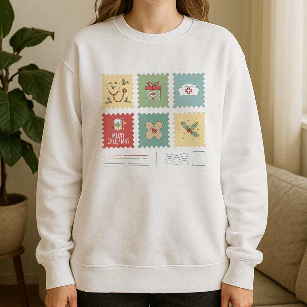 Custom Christmas Nurse Stamp Sweatshirt – medical icons holiday design