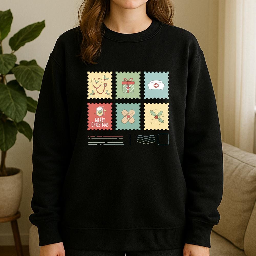 Custom Christmas Nurse Stamp Sweatshirt – medical icons holiday design