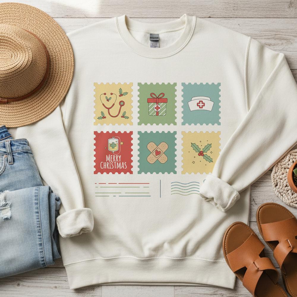 Custom Christmas Nurse Stamp Sweatshirt – medical icons holiday design