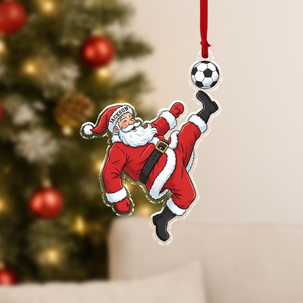 Personalized Soccer Santa Ornament – Custom Name Sports Decor – Holiday Christmas Tree Decoration
