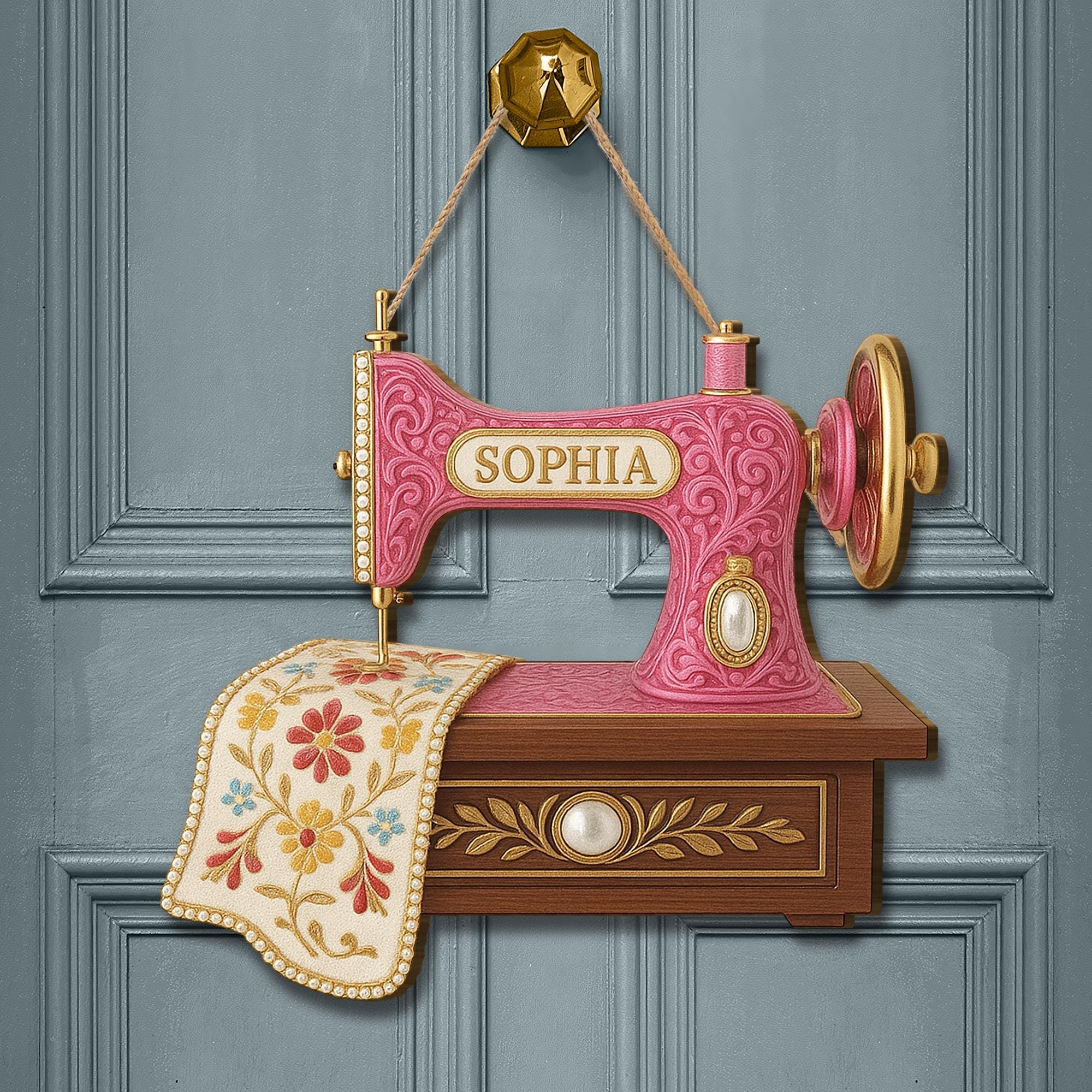 Personalized Sewing Machine Sign, Custom Name Wood Wall Decor for Seamstress