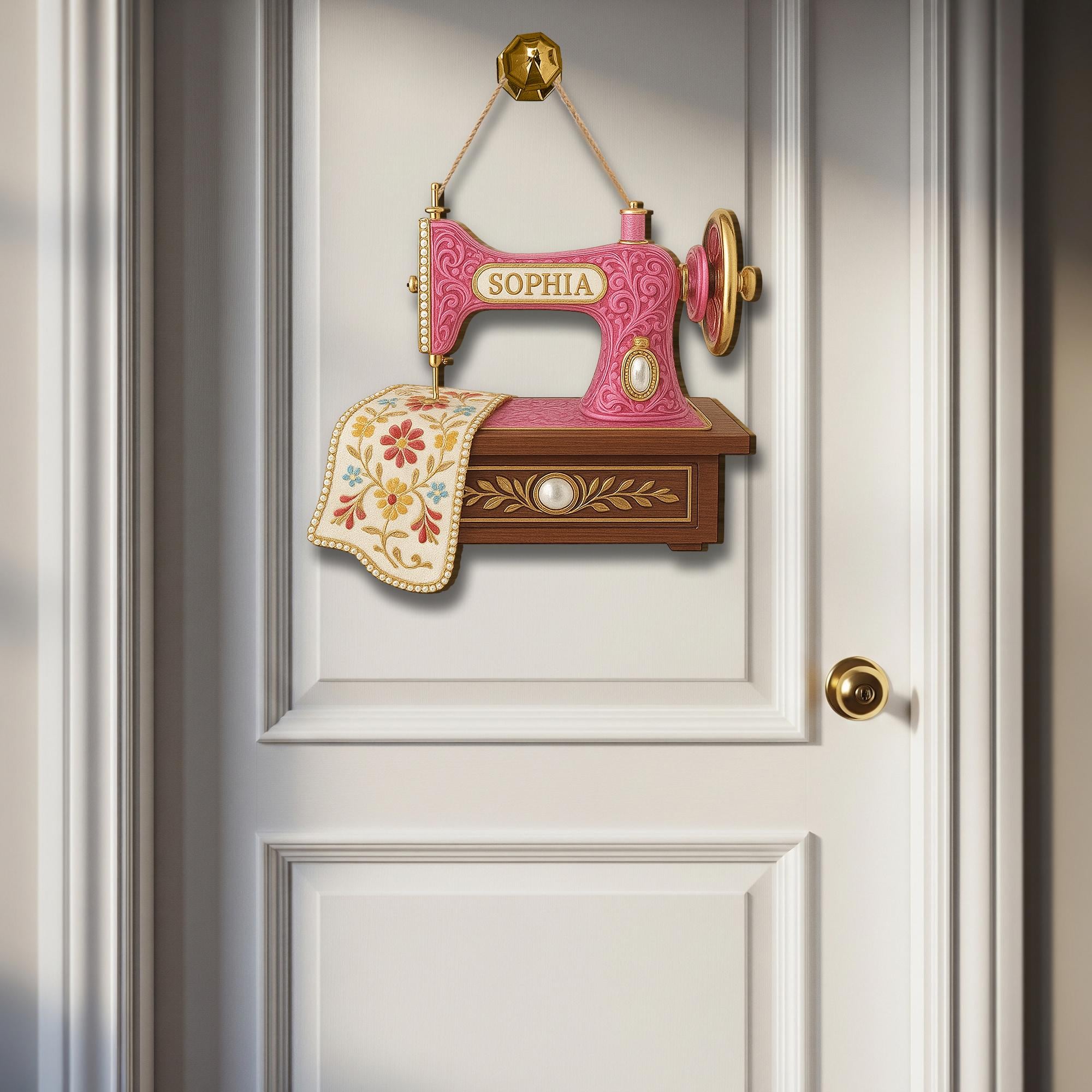 Personalized Sewing Machine Sign, Custom Name Wood Wall Decor for Seamstress