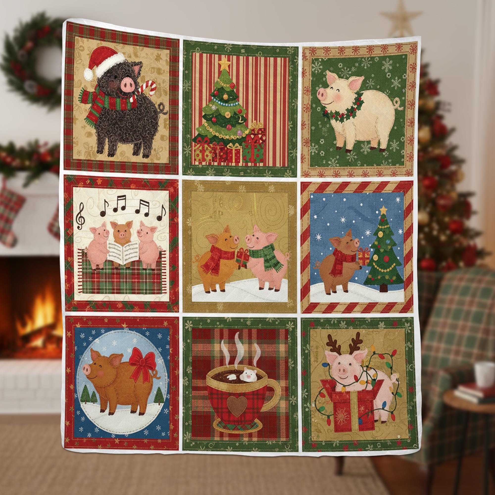 Christmas Pig Blanket, Cute Farm Animal Holiday Quilt Throw for Winter Decor