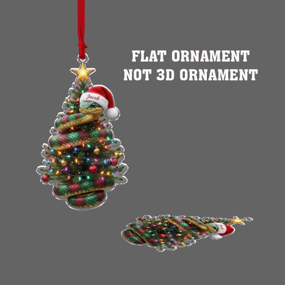 Personalized Snake Tree Ornament — Acrylic Coiled Snake with Lights & Santa Hat