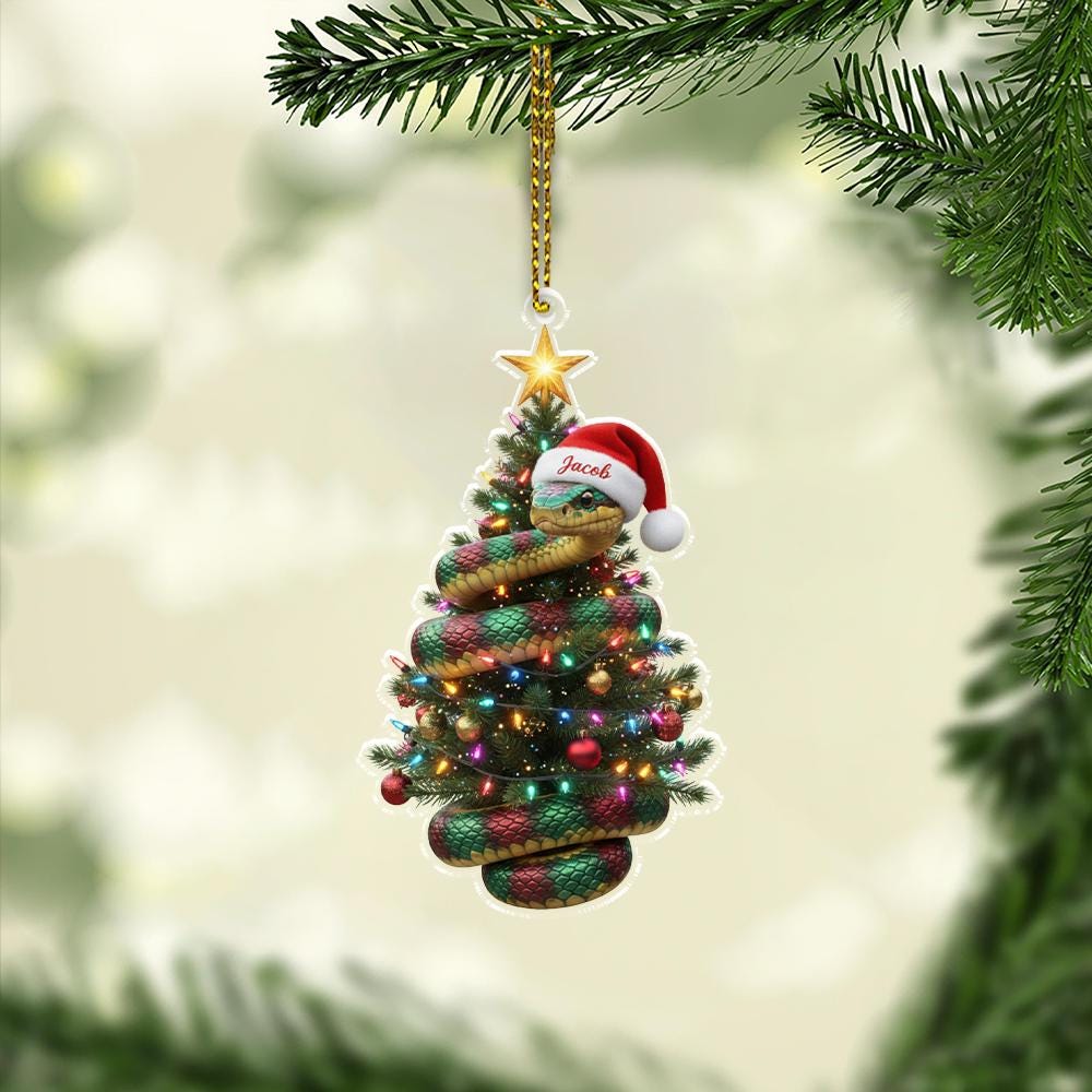 Personalized Snake Tree Ornament — Acrylic Coiled Snake with Lights & Santa Hat