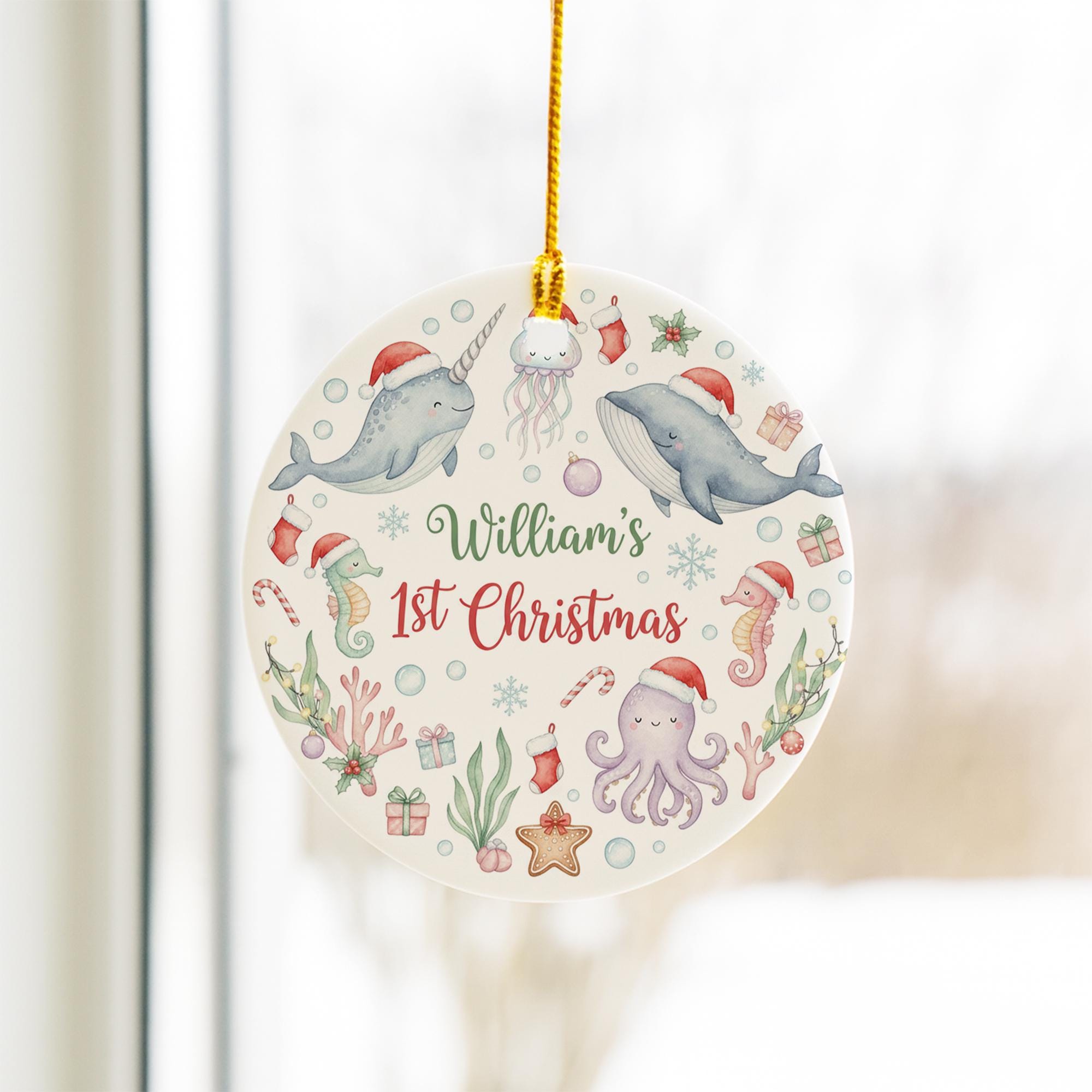 Personalized Baby's 1st Christmas Ornament - Ocean Animals Ceramic Keepsake