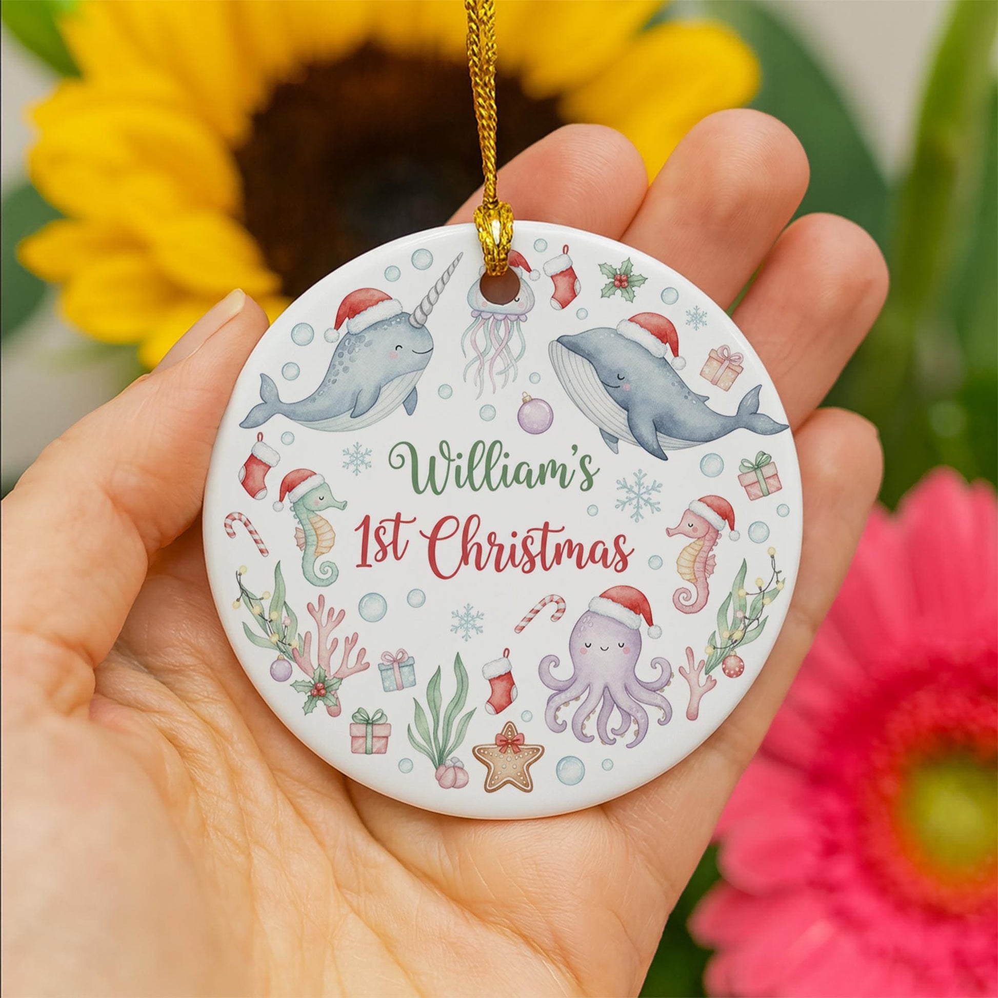 Personalized Baby's 1st Christmas Ornament - Ocean Animals Ceramic Keepsake