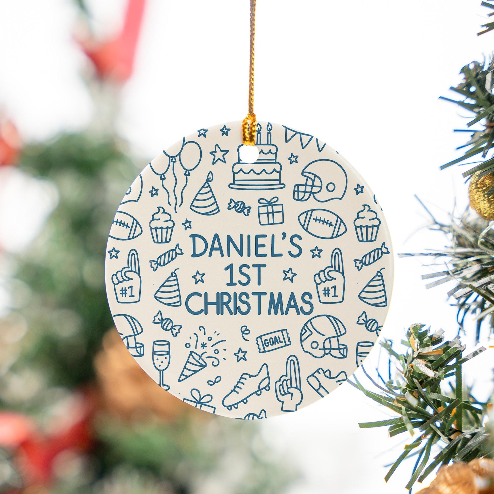 Personalized Baby 1st Christmas Ornament - Sports Football Doodle Ceramic Keepsake
