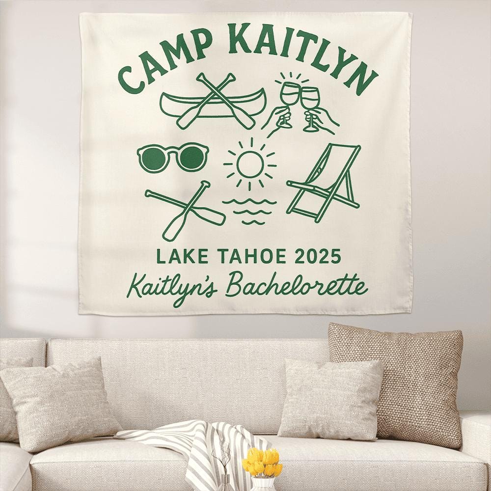 Custom Camp Bachelorette Tapestry, Lake Trip Banner, Cabin Party Decor, Personalized Bachelorette Backdrop