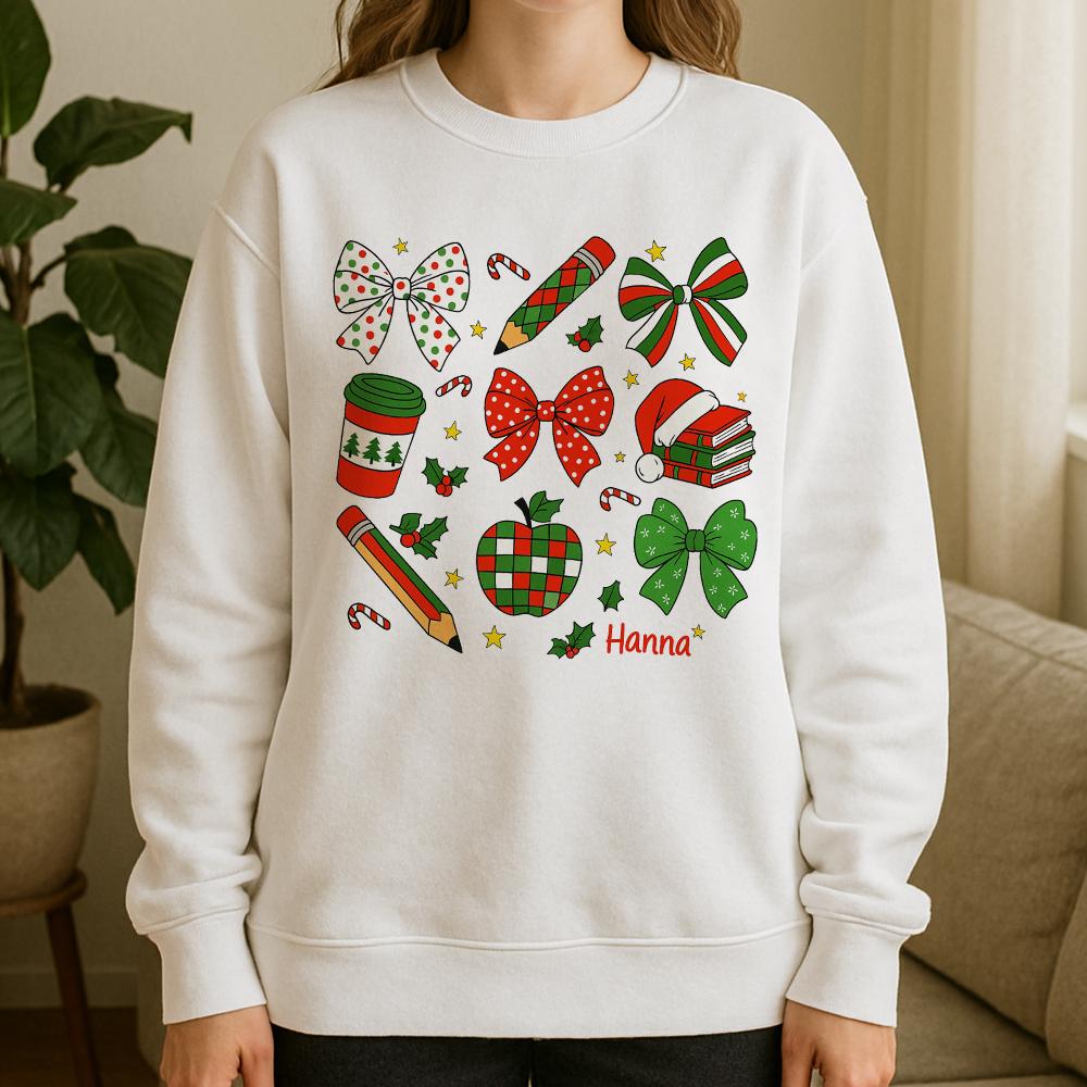 Christmas Sweatshirt, Cotton Holiday Crewneck with Bows and Festive Icons