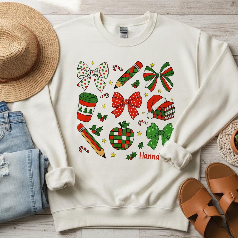 Christmas Sweatshirt, Cotton Holiday Crewneck with Bows and Festive Icons
