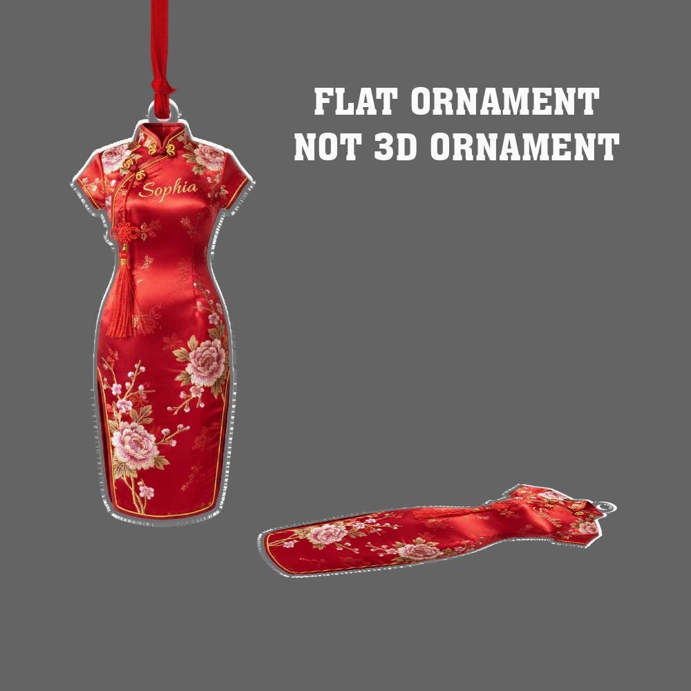 Personalized Qipao Ornament, Acrylic Hanging Decoration with Red Floral Dress Design