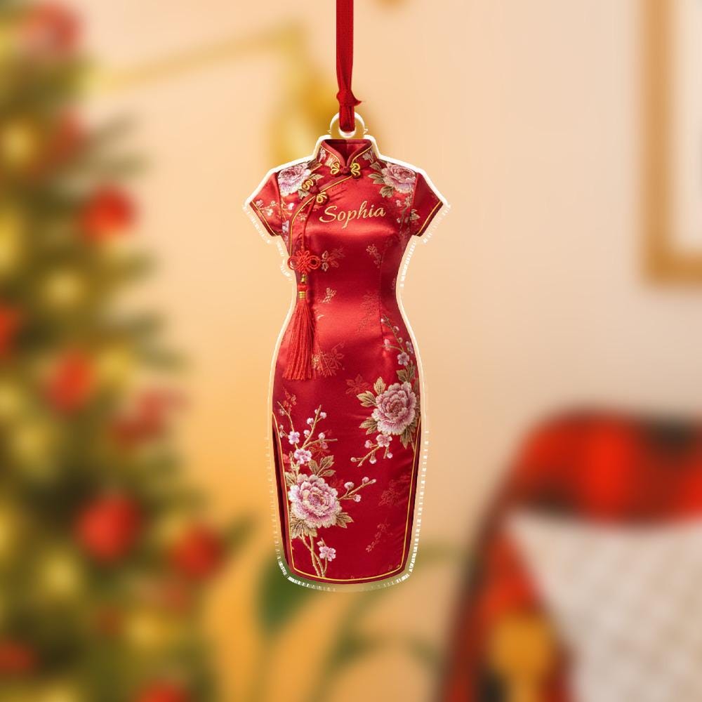 Personalized Qipao Ornament, Acrylic Hanging Decoration with Red Floral Dress Design