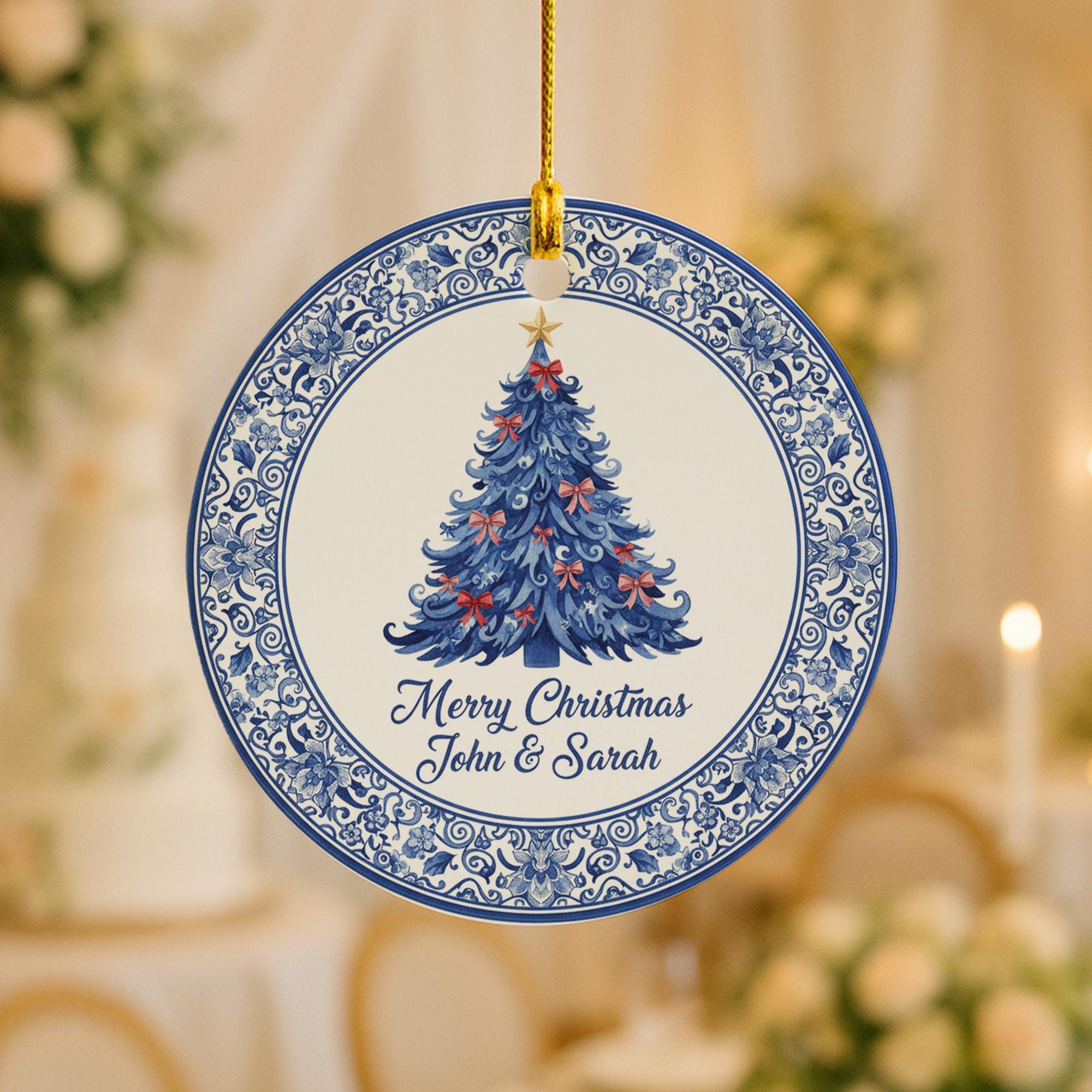 Personalized Round Ceramic Christmas Ornament — Custom Name and Tree Design — Blue & White Floral Decoration