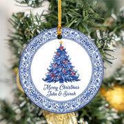 Personalized Round Ceramic Christmas Ornament — Custom Name and Tree Design — Blue & White Floral Decoration