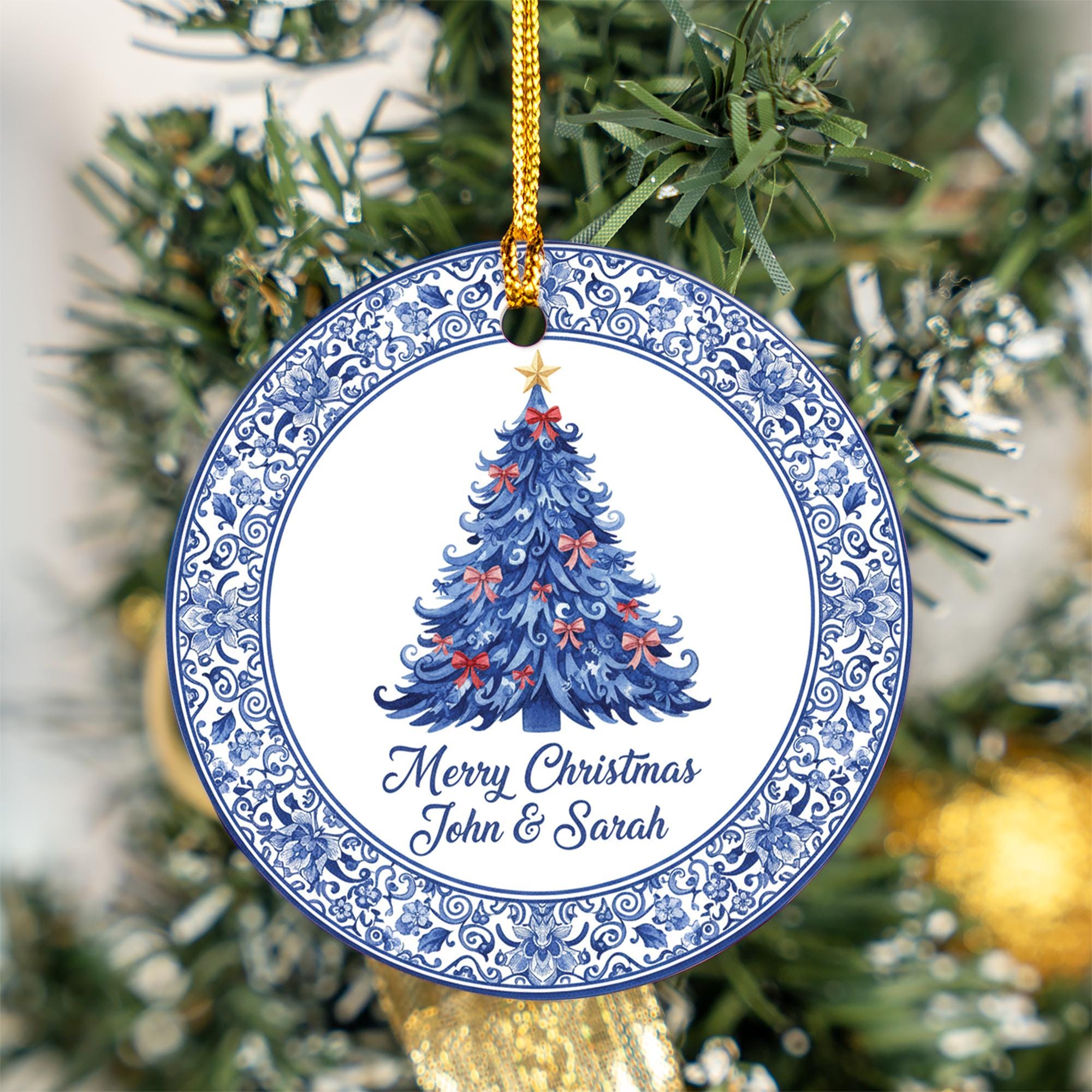 Personalized Round Ceramic Christmas Ornament — Custom Name and Tree Design — Blue & White Floral Decoration
