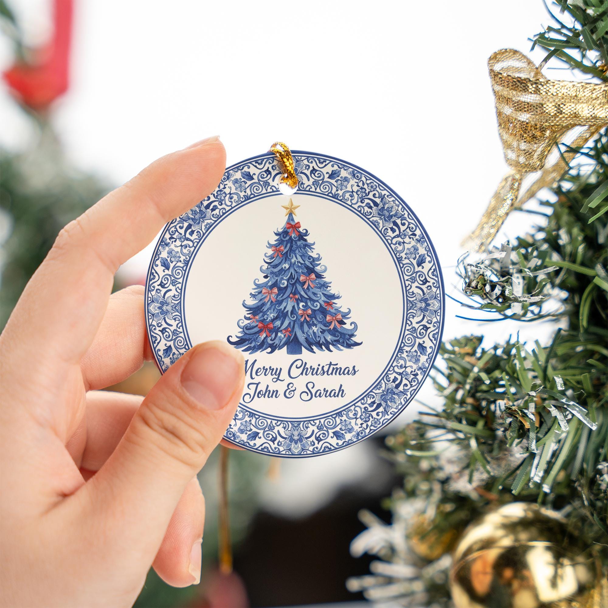 Personalized Round Ceramic Christmas Ornament — Custom Name and Tree Design — Blue & White Floral Decoration